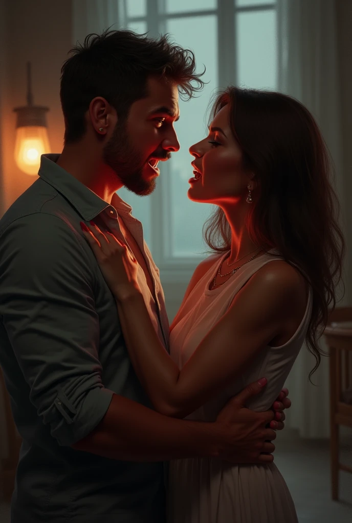 create an image of a couple fighting. twilight style, the man is calm and relaxed, the embodiment of rebirth; while the woman is screaming angrily, the embodiment of the baroque. The image must be ultra realistic 8K