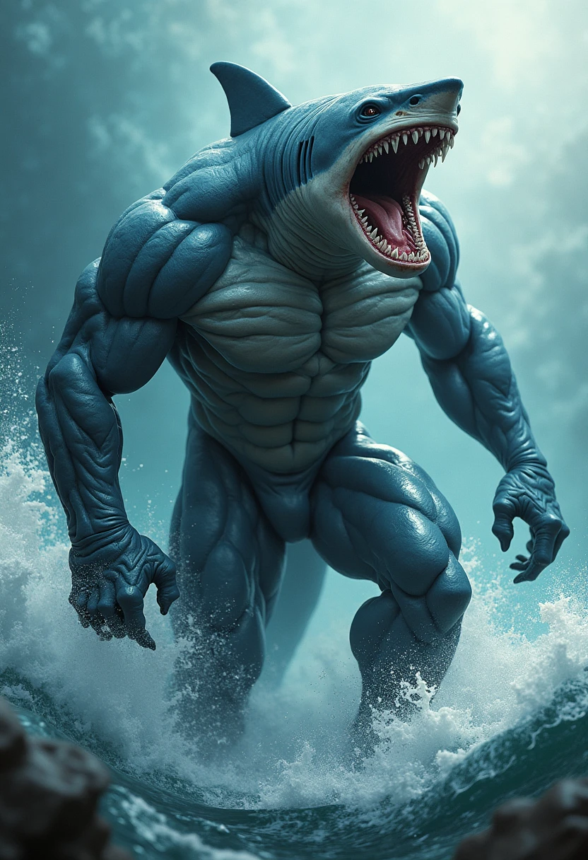 shark with muscular human body and fin
