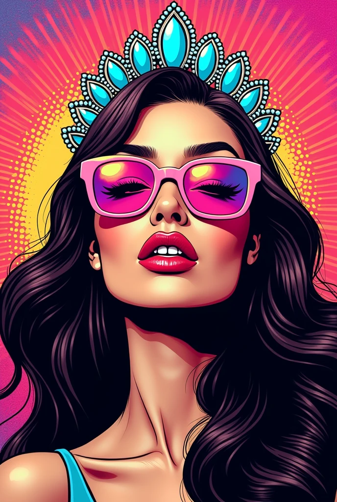 A bold and vibrant pop-art portrait of a white European woman with a slightly bronzed complexion, styled in a dynamic and comic-inspired aesthetic. She wears a dazzling jeweled crown with exaggerated, graphic details, glowing with bright accents. Her long, wavy brunette hair flows dramatically, framed with bold, outlined strokes. Her light pink transparent sunglasses pop with vibrant highlights, reflecting the surreal neon background. The backdrop is a dynamic blend of electric pink, fiery orange, and vivid blue gradients, filled with halftone textures and comic-style patterns. Pop art illustration, {high-contrast outlines}, {halftone shading}, dynamic and exaggerated features, inspired by retro comic book art, bold typography energy, and surreal graphic design.
