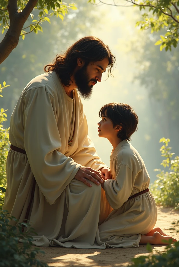 Jesus is running hug a 15 year old boy in the park who is crying too much