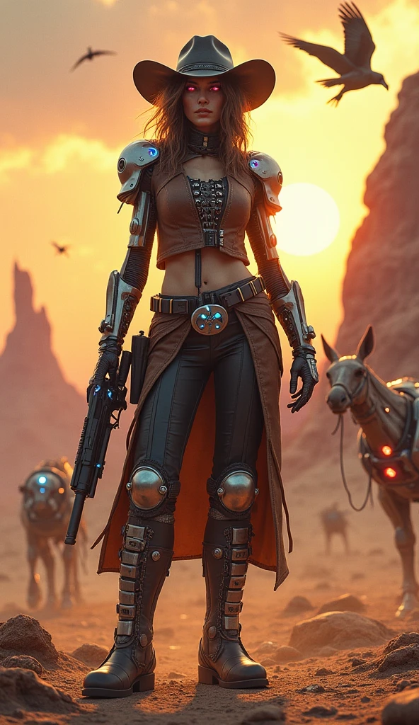 an attractive woman [gunslinger:bounty hunter:0.4] standing in a apocalyptic wilderness (ecocomputer style:1) <lora:djzEcoComputer_LB2:0.8>