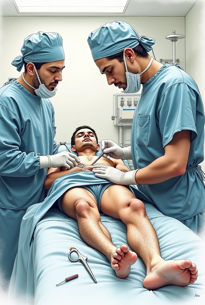 In an anatomy classroom, an iranian man, bearded and hairy, dark-skinned, is lying on a large table, wearing only white underwear. He is watched closely by a group of casually dressed students curiously standing around., all focused on learning about the human body. The room is bright. 