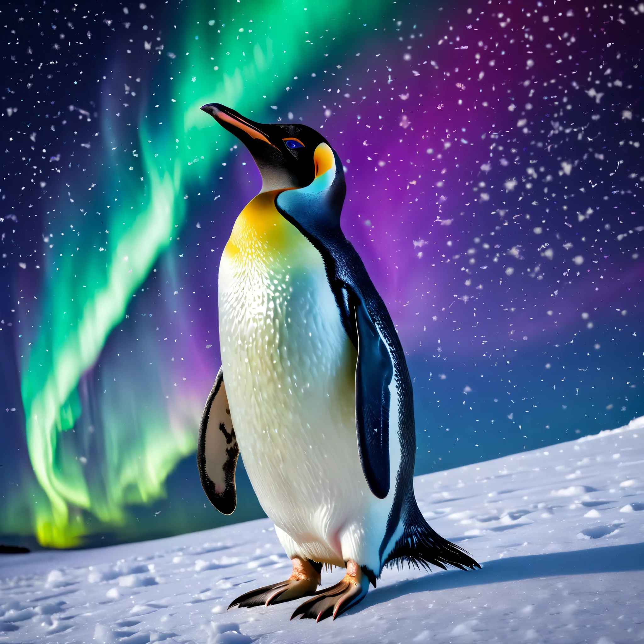 best quality, super high definition ,(Photorealistic:1.4), RAW photo,A majestic penguin standing on a snowy hill under a glowing aurora borealis. The penguin has a small golden crown tilted on its head and looks proud yet approachable. The background features shimmering green and purple auroras in a starry night sky, with soft snowflakes adding depth.