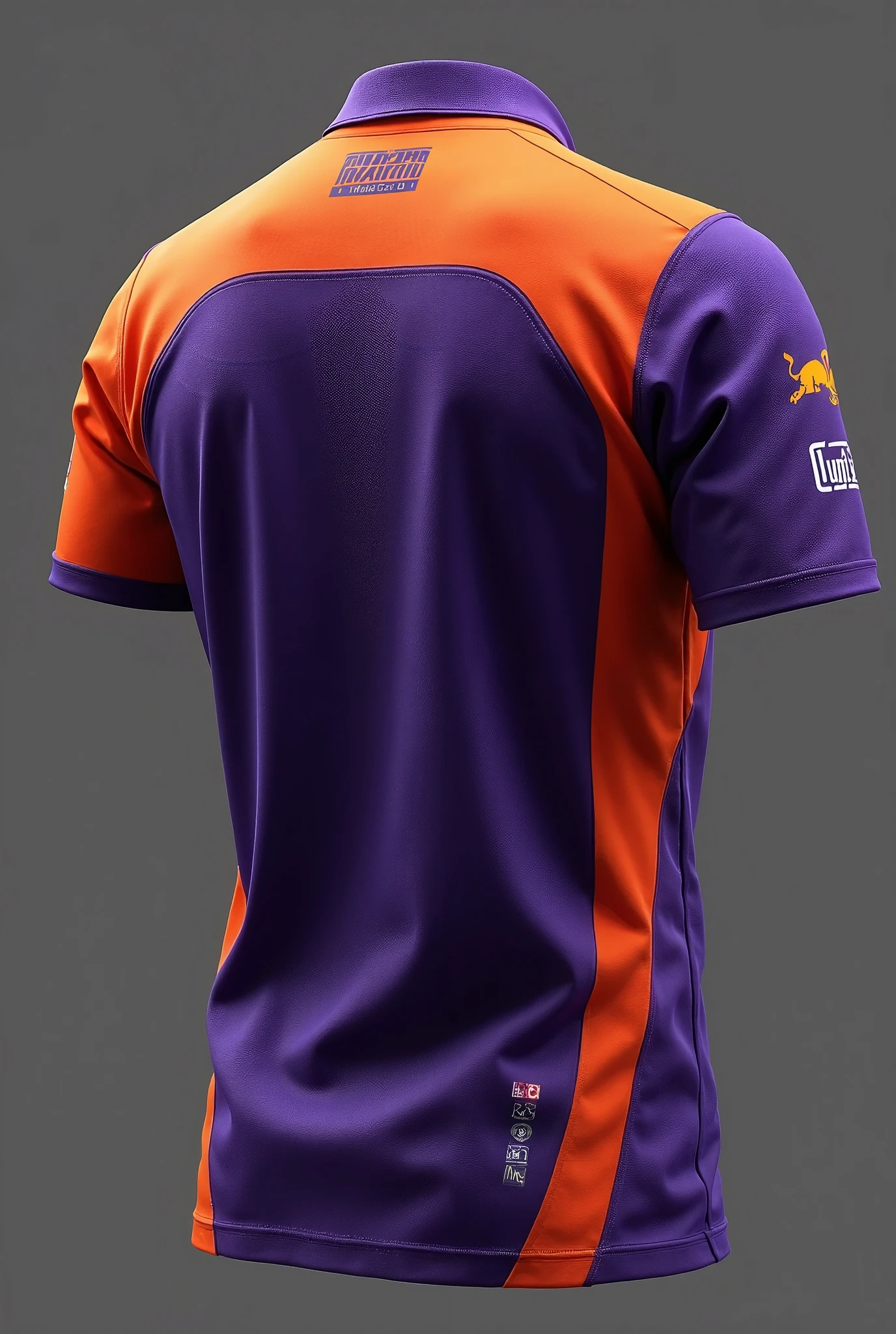 make a purple team shirt (as dark as possible). With gold details Also show the back of the shirt containing name and number