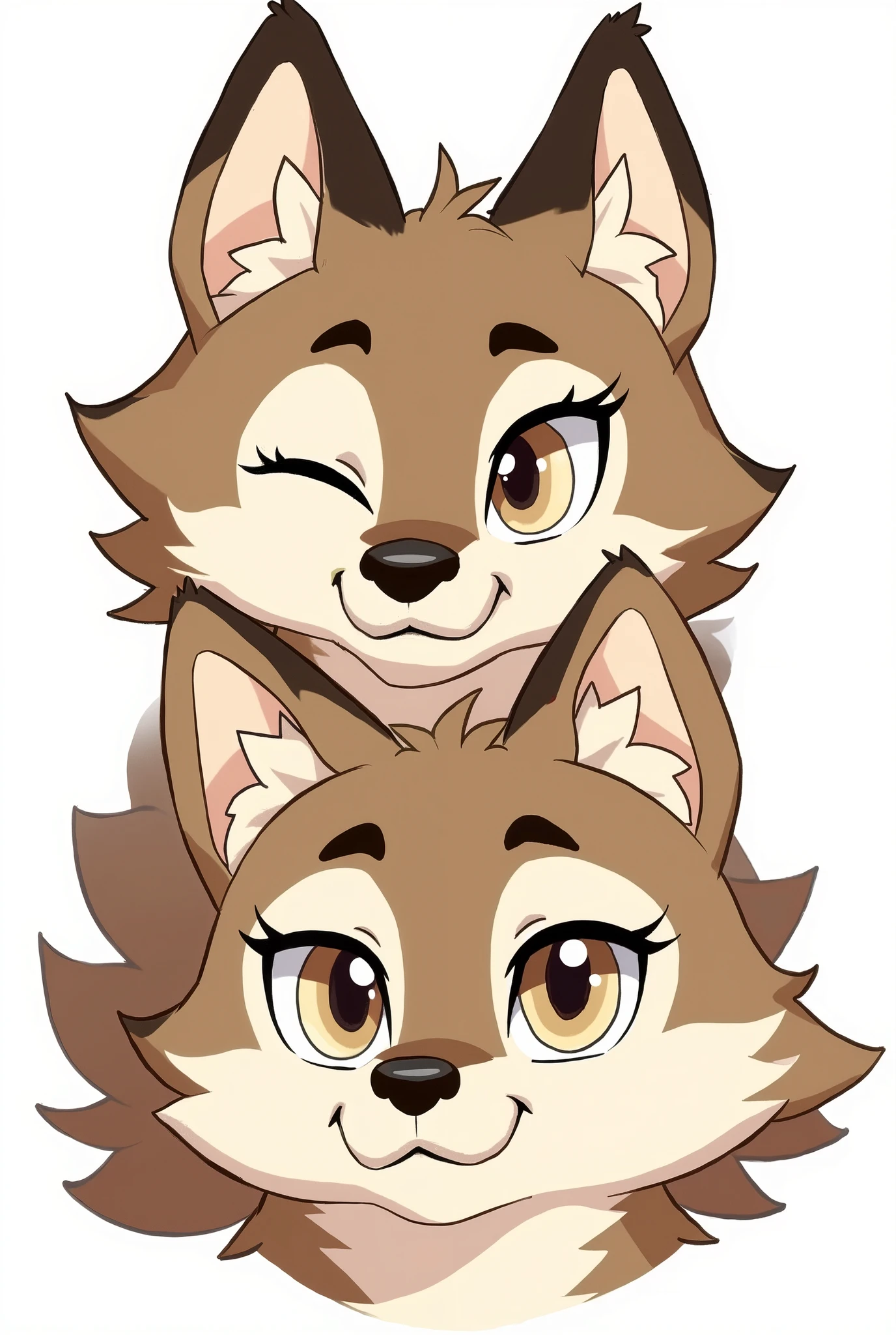 close-up of two cartoon wolfs with the same eyes, lineart inspired by Nyuju Stumpy Brown, deviantart trends, furry art, character adaptable, full body adaptable, hyena fursona, character reference sheet, reference sheet, generic furry style, fursona commission, fursona commission furry art, anthropomorphic male wolf, 