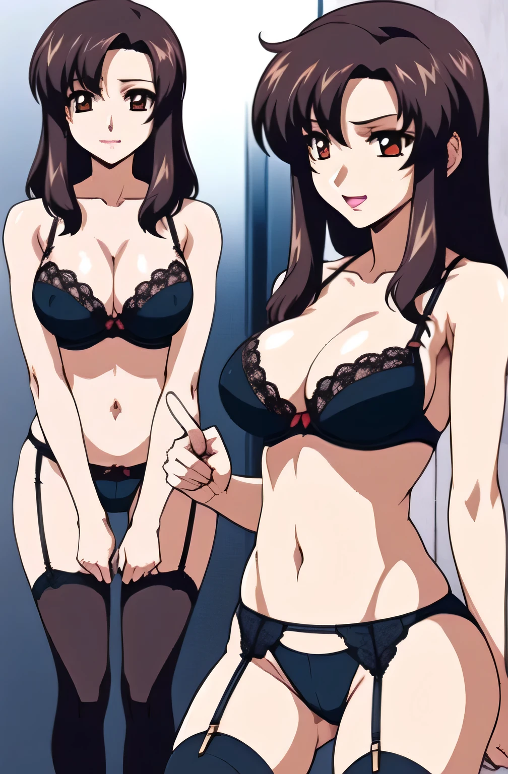 ((best quality)), ((masterpiece)), (detailed), (high resolution), perfect face, 1 Women, (violet slit eyes:1.3), (long black hair), Straight across bangs, (grown-up face:1.4), parted lips, A little big breasts, (naked bikini lingerie:1.2), ((Two old men and one woman three some sex POV:1.2)), (Embarrassed), (orgasm:1.2), (anime coloring:1.1), ((old men:1.4)), (irrigate cum shot:1.2), (too many cum:1.2), (rub buttocks:1.2), (Yamashiro Ren), Mato Seihei no Slave, looking at viewer, a red hair ribbon, 2d, illustration, (Ass rub), (dick in front of her buttocks:1.2), age difference, couple, hetero,