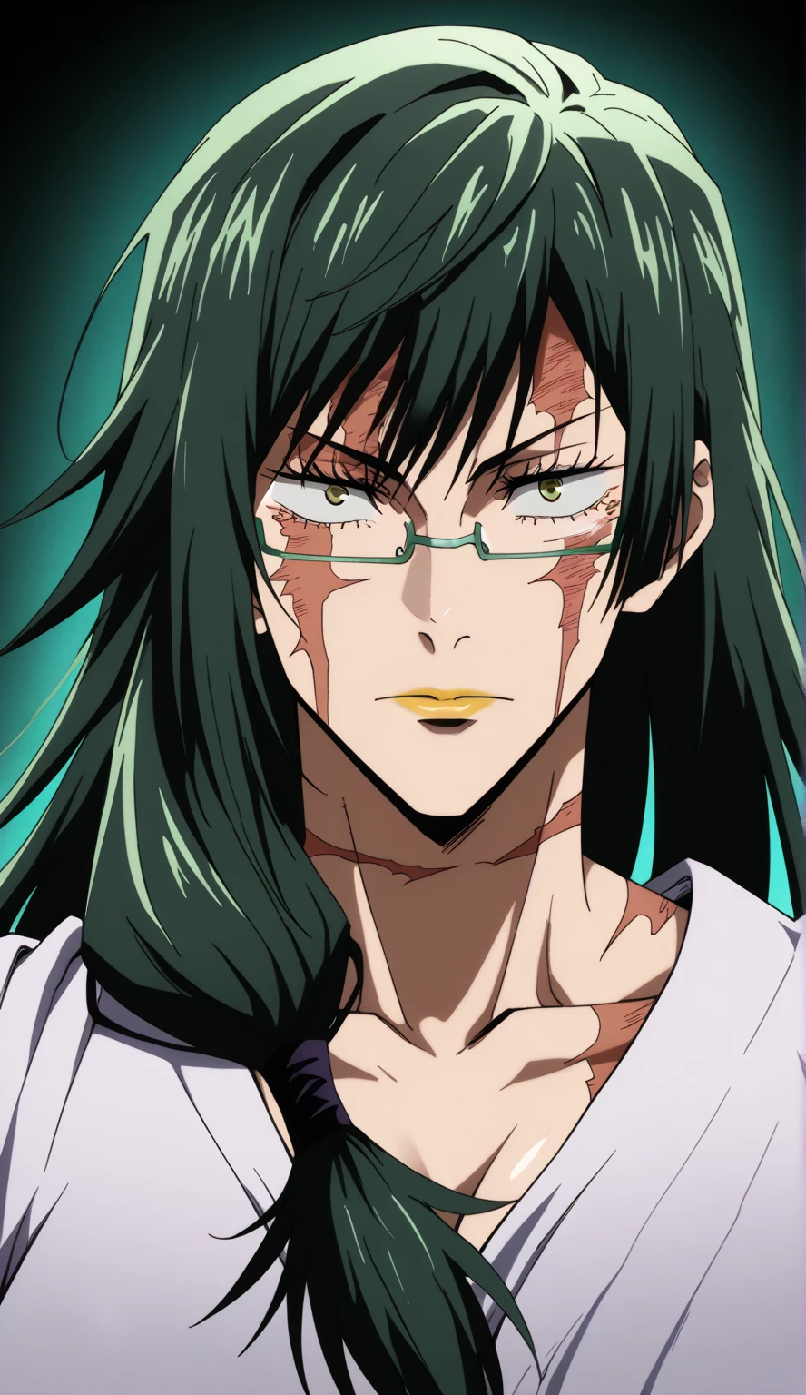 Representation, Masterpiece, 1girl, solo, looking at viewer, green hair, yellow lipstick, emerald green color eyes, detailed Jujutsu Kaisen academy background, Jujutsu kaisen academy uniform gown is made from a chiffon and marabou feathers, Emerald green cursed energy, Jujutsu kaisen art style, Líneas de movimiento, Preciso, Anatómicamente correcto, La mejor calidad,