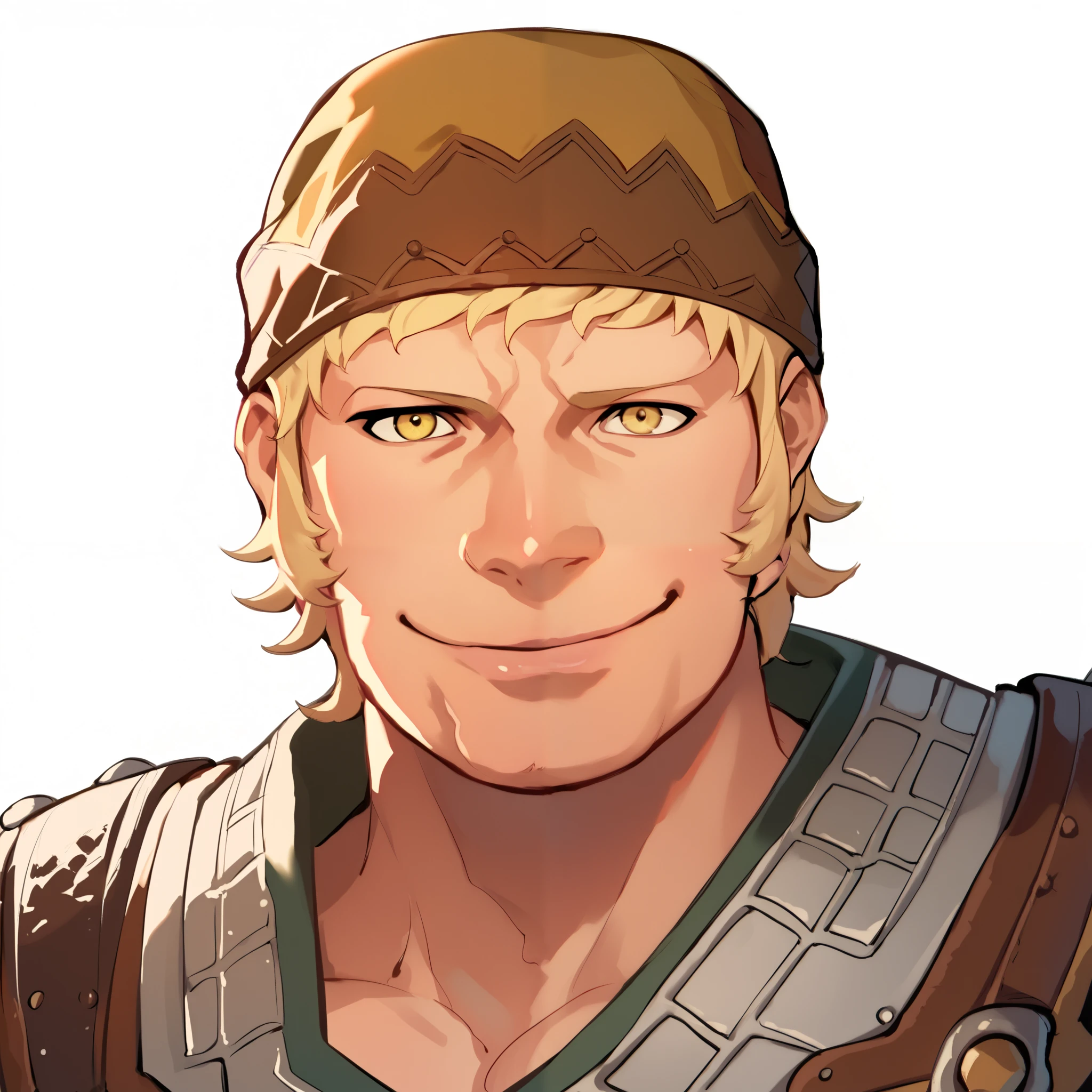  THRaph, sideburns,  bandana,  musculoskeletal々Male,  Warrior Costume、smile、whole body、 upper body、muscular male, short hair, yellow eyes