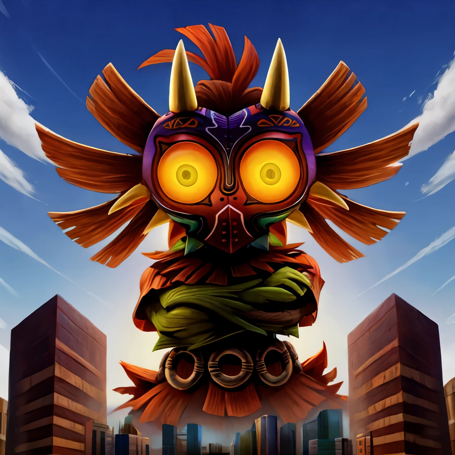score_9, score_8_up, score_8, BREAK, Majora, spikes, yellow sclera, 1boy, mask, horns, glowing eyes, floating, looking at viewer, full body, male focus, boots, crossed arms, crossed legs, red footwear, BREAK, looking at viewer, white outline, (macro:1.5)
