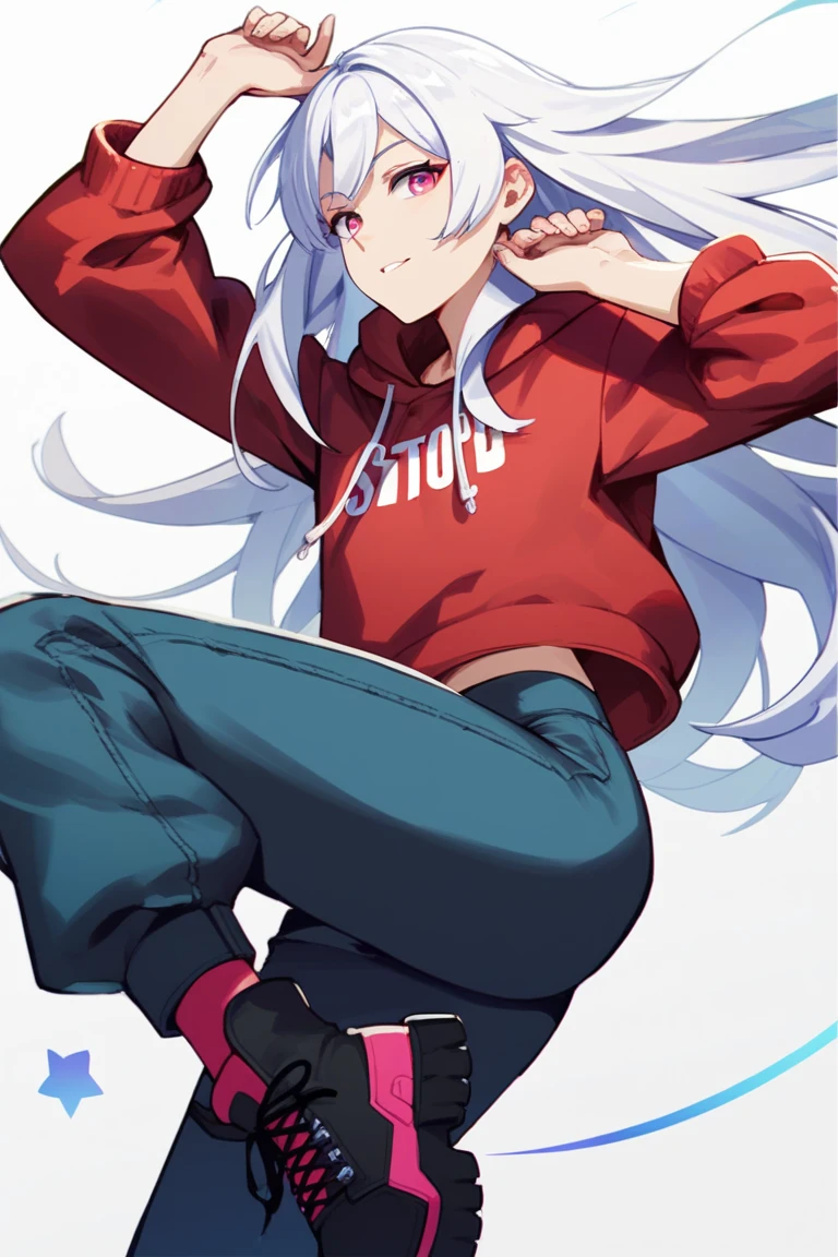 masterpiece, best quality,  <lora:alice-nikke-richy-v1:1> alicebunny, hoodie, hat, white leggings, floating hair ornament, from side, (jumping:1.6), :D, happy, sky, blue background