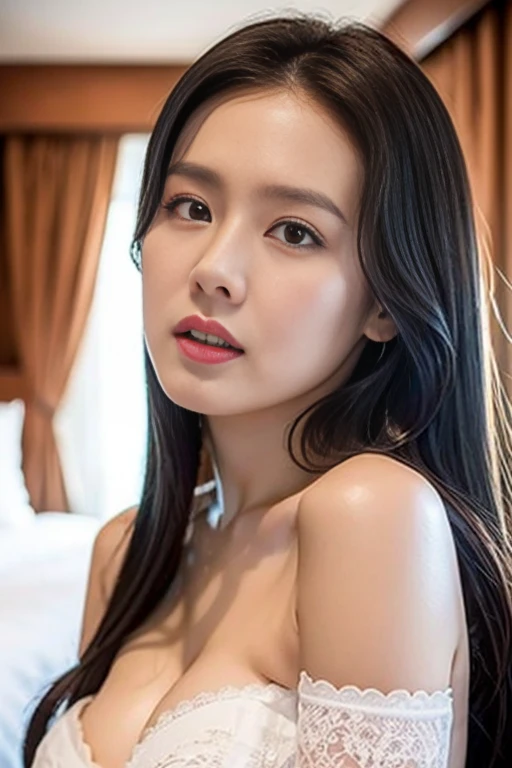 , (Mature body), Solitary,Long gray hair,black hair color, Off-shoulder, black eyes,1 Sister,A sexy pose,best quality,masterpiece,light,Extremely exquisite and beautiful,CG,Unite,8k wallpaper,Astonishing,detailed,masterpiece,Official Art,The content is very detailed Cg Unite 8k wallpaper,Extremely ridiculous,Huge file size,ultra - detailed,high resolution,The content is very detailed,Beautiful and delicate girl,Practical,full,Hotel Room,Light Contrast, Lopez, fully body photo, full, White under underwear