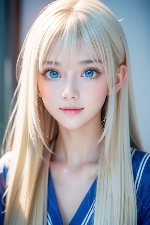 real photo quality、extraordinary sexy beauty、Beautiful calm and bright expression、Sexy refreshing look、Long bangs that fall on a perfect beautiful cute face、Super long blonde straight silky hair、blonde on a beautiful face、Very cute beautiful sexy young little woman、very perfect beautiful cute face、Beautiful bright sky blue eyes、very big eyes、hair above eyes、片hair above eyes、hair between eyes、Very radiant white skin、cheek gloss