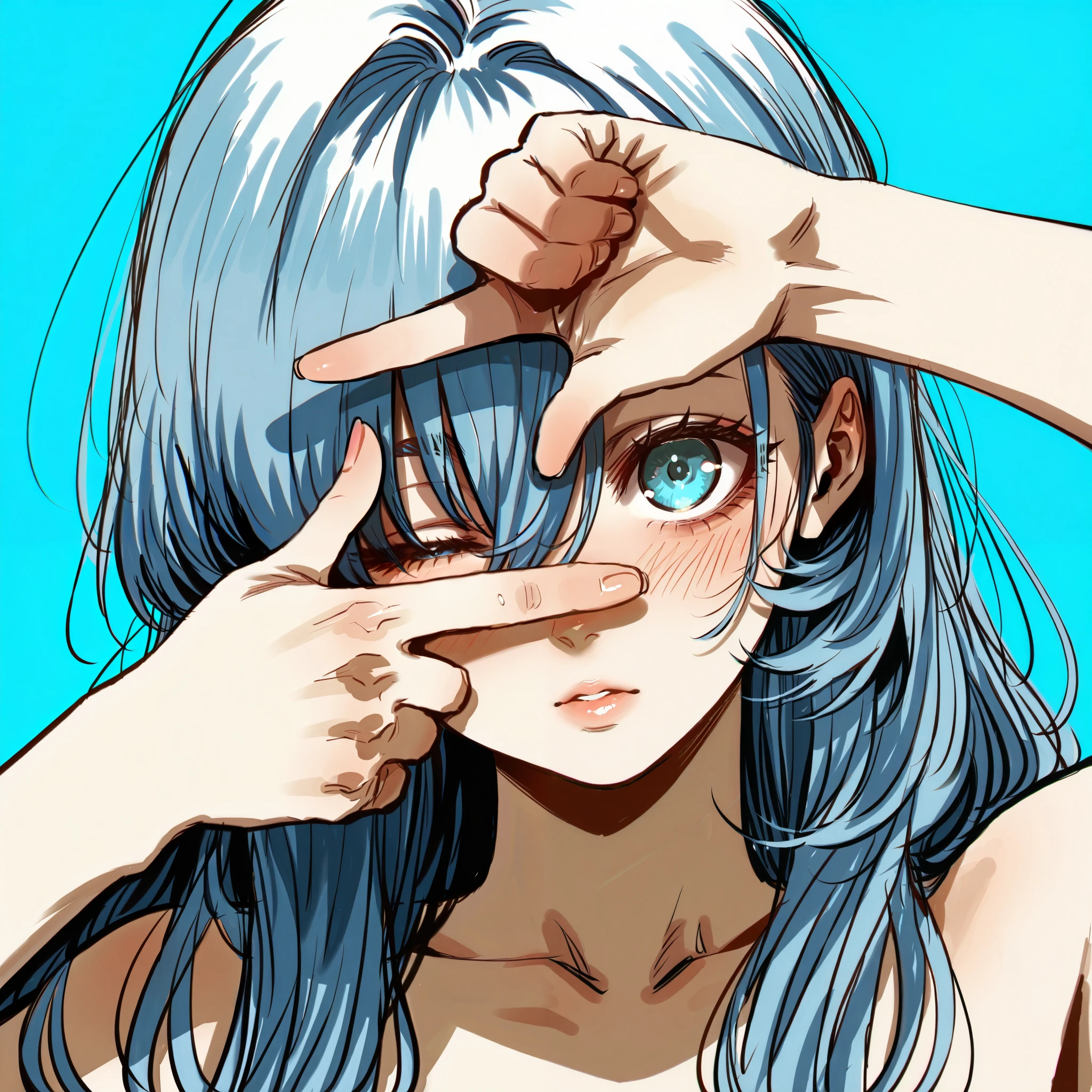 by Hoshi San 3, by Kotteri, (by umikochannart:0.5), limited palette, sketch, 1girl, young girl, finger frame, looking through fingers, blue hair, very long hair, blue eyes, one eye closed, nudity, blush, cute, head tilt, looking at viewer, fourth wall, portrait, fisheye, blue background, simple background, masterpiece, best quality, amazing quality, very aesthetic, high resolution