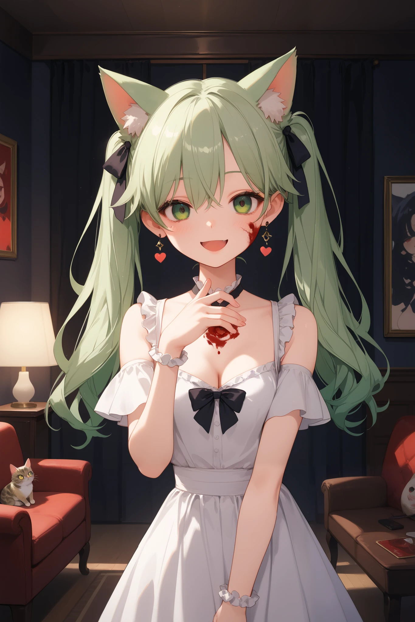 4k anime style, Smooth anime CG, 8k anime, Best quality, High resolution,Superdetail,Perfect light,ager Anime, twintails,light green hair, dark green eyes, light green animal cat ears,medium chest, Beautiful waist, looking at the viewer,blush,Crazy eyes laughing Yandere Crazy anime girl., blood on smear on face,Right hand holds knife, She wearing white dress,dress has blood ,standing on living room
BREAK...,
Background is in living room , midnight ,red moonlight