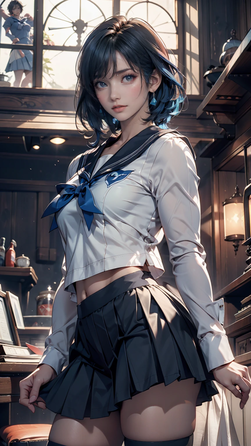 (masterpiece), (highest quality), Realistic, Cinematic Light, Mizuno Ami, Sailor Mercury, stand, Battlefield Background, Perfect body, Blue Hair, uniform