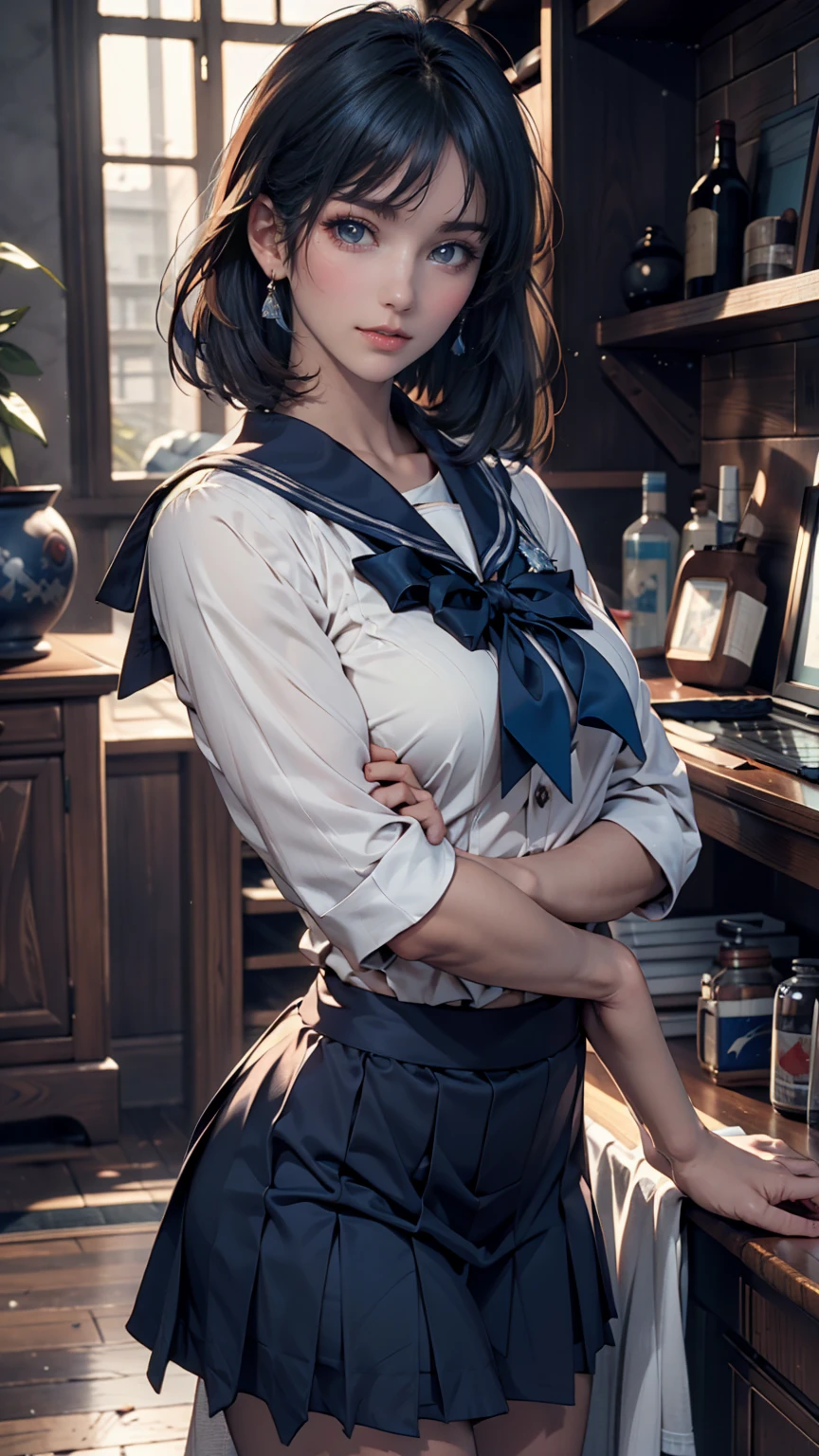 (masterpiece), (Highest quality), Realistic, Cinematic Light, Mizuno Ami, Sailor Mercury, stand, Battlefield Background, Perfect body, Blue Hair, uniform、Sexy proportions、Narrow waist、Sexy