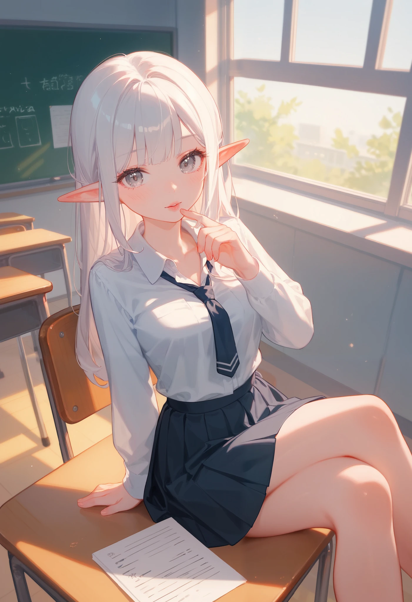 (masterpiece), best quality, highres, ultra-detailed, pastel colors, Girl with long, straight white hair, bangs, tender gray eyes, medium breasts, pale skin, beautiful pink lips, elf ears, adorable blush, adorable face, Tender and adorable body,
Snorting with laughter, sonrisa traviesa,school uniform,skirt set,dress shirt,classroom,(chair,desk),from above,((crossed legs)),sitting,(chin on own hand,goo hand)