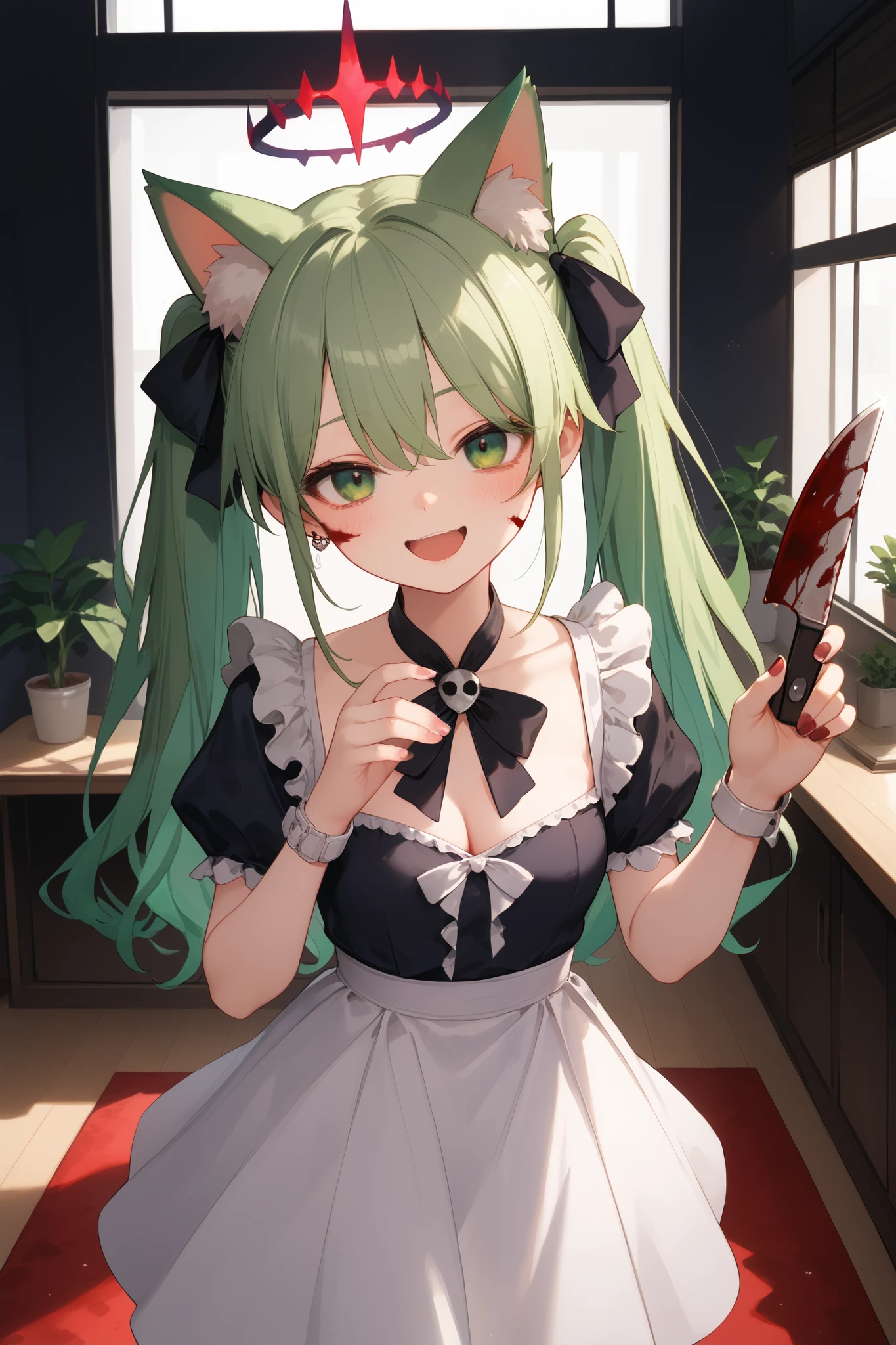 4k anime style, Smooth anime CG, 8k anime, Best quality, High resolution,Superdetail,Perfect light,ager Anime, twintails,light green hair, dark green eyes, light green animal cat ears,medium chest, Beautiful waist, looking at the viewer,blush,Crazy eyes laughing Yandere Crazy anime girl., blood on smear on face,Right hand holding knife, She wearing white dress,on dress has blood ,standing on living room
BREAK...,
Background is in living room , midnight ,red moonlight