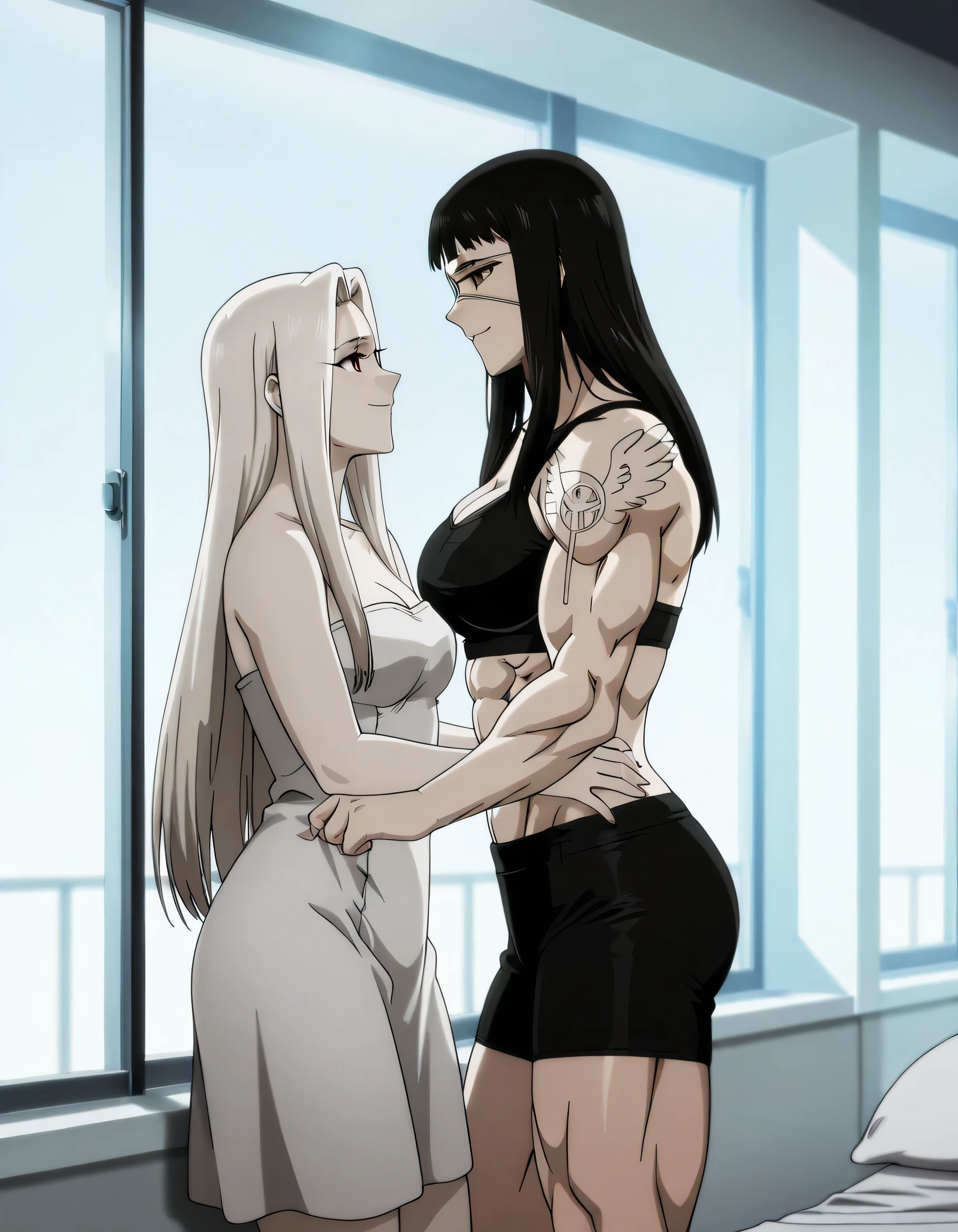 (masterpiece), best quality, ultra high res, sharp focus, ((1 man, 1 woman, couple)), different heights, upper body, medium close up, dutch angle, embraces each other closely, in the romantic bedroom, (at the night time:1.2), look at each other, smiles to each other

(Sephiroth, male, tall, silver white hair, (long hair), (perfect muscular body, perfect masculine face:1.2), ((perfect shape eyes, green cat eyes)))

(female, short, chestnut brown hair, (short hair), (perfect feminine face, perfect hourglass body:1.2), ((perfect shape eyes, green eyes)))
