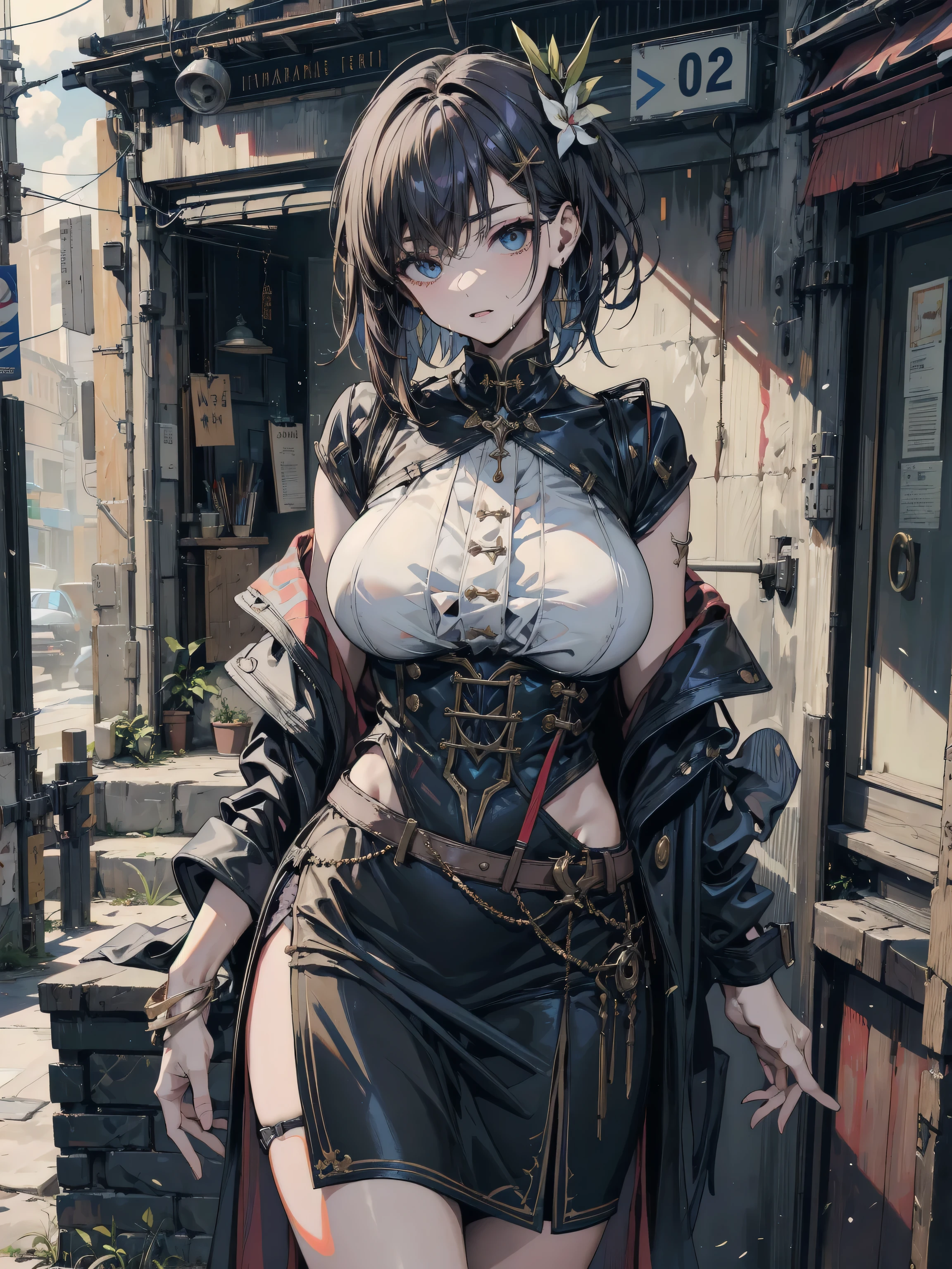 (((masterpiece, highest quality:1.3))),cowboy shot,20 year old beauty,female soldier, ((Navy officer in black uniform、Cropped jacket、navel、Black tight mini skirt)),solo,((very small head)),dark purple hair,short bob hair,blunt bangs,purple eyes,blush,smile,medium breasts,(very long body,slender body),skinny,gleaming skin,oily skin,sweat,standing,at night、Moonlight shining in、taisho steampunk、Tokyo in the Taisho era、