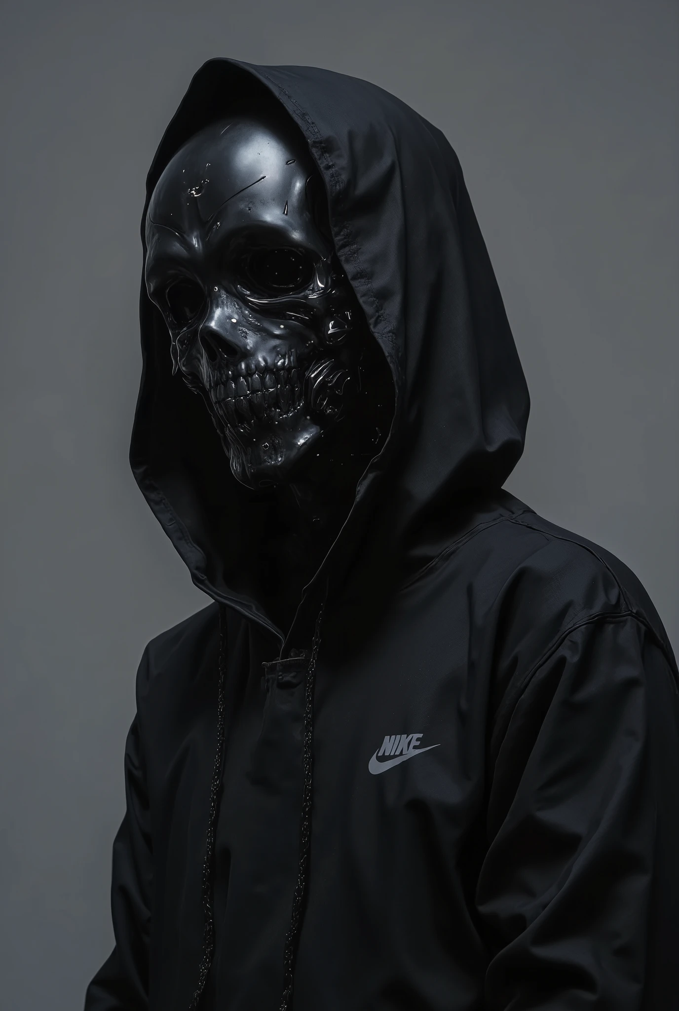 [A person wearing a black hoodie and a futuristic Nike-logoed cyborg mask, standing still, conveying a sense of mystery and anonymity], [Digital Painting, Photorealistic], [Reference to the style of  Greg Rutkowski's dark fantasy portraits, but with a sleek, modern Nike aesthetic], [Monochromatic palette of deep blacks and grays, soft diffused lighting, subtle texture on the hoodie fabric, minimalist gray background, high-resolution rendering, shallow depth of field to emphasize the mask]