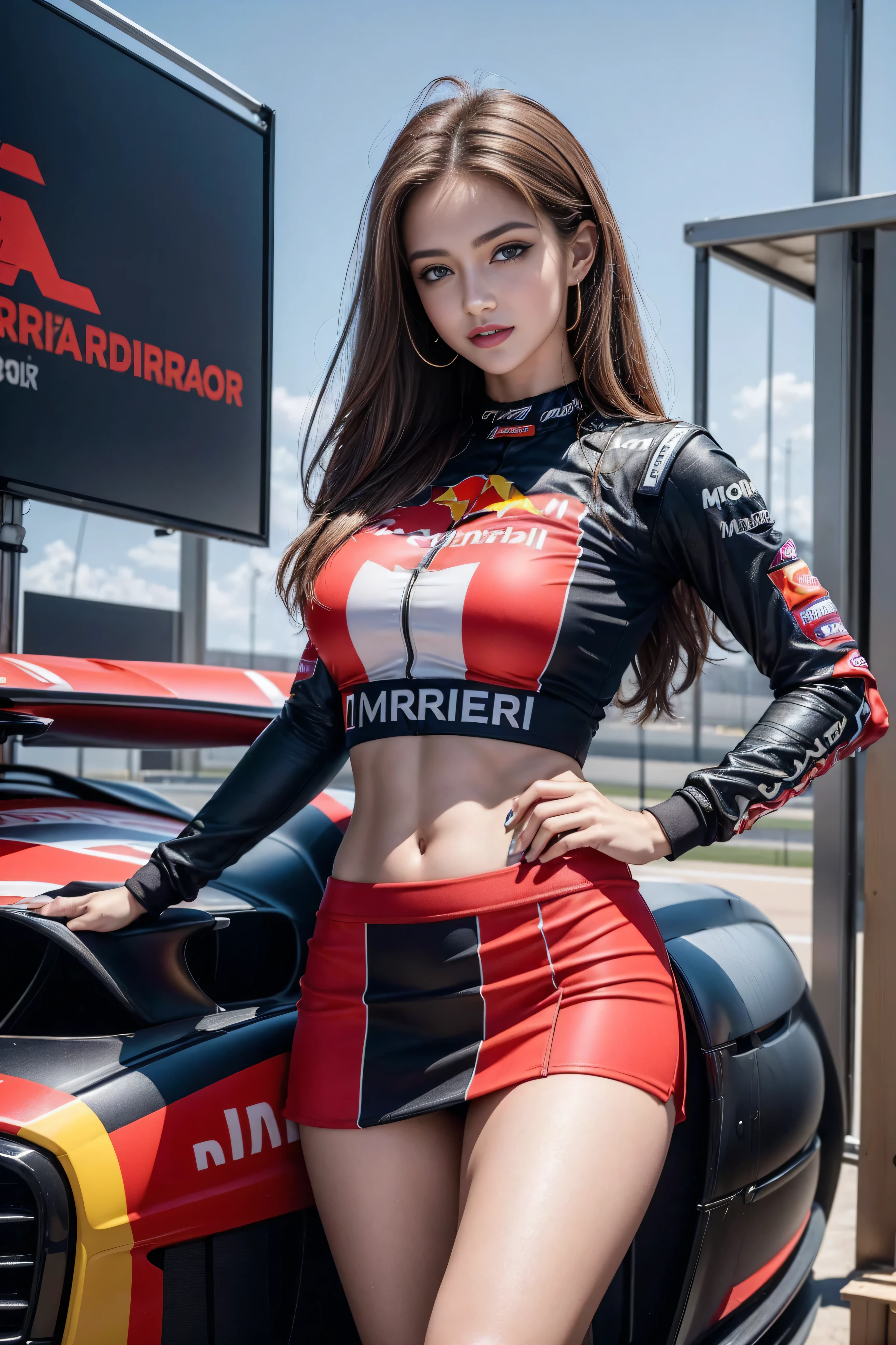 8K, masterpiece, best quality, photorealistic, ultra-detailed, show 1 girl posing in front of car, show 1 girl posing in beside the car, Asian, athletic body, realistic skin texture, (breasts:1.0), (smile:1.0), gaze at viewer, (girl in fitted car racing suit), d-cup breast size, (open zipper), (no helmet), very sexy, (cleavage), movie lighting, face focus, fine eyes, detailed face, well lit face, day light, red and blue racing cars in the background, (car model: Ferrari, futuristic)