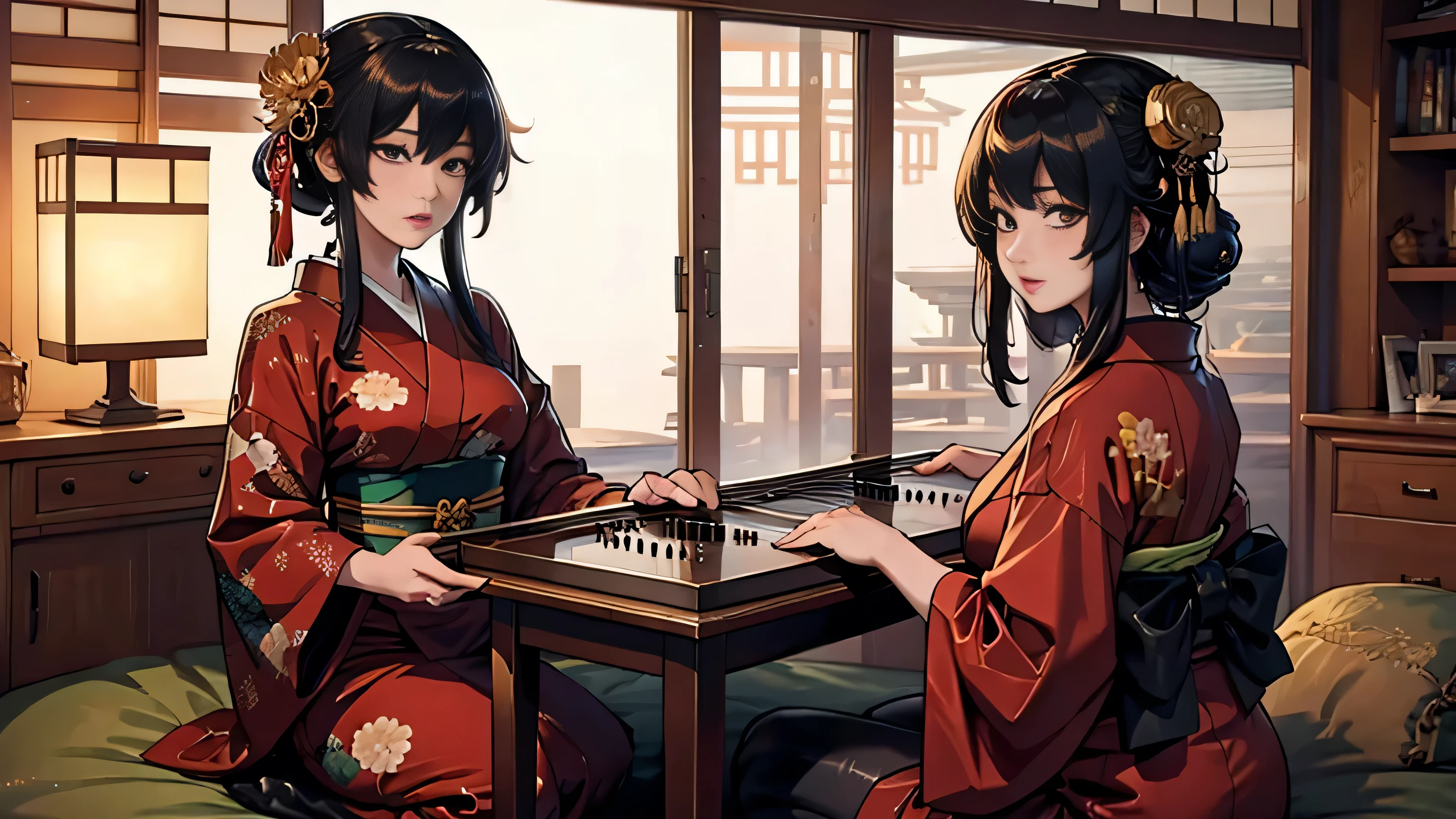 2ladies, from side, sitting across Go board, (facing each other), stylish outfit, mature female, cool expression, (light smile:0.6), looking at viewers, (masterpiece bestquality:1.2) delicate illustration ultra-detailed, large breasts BREAK 1lady, (white hair) bangs, (black chic clothes) BREAK 1lady, (black hair) bangs, (white chic clothes) BREAK (luxurious Chinese-style room) indoors, (Go board) (black and white stones:1.1), Go board on table, noon, detailed background