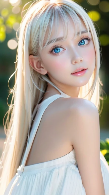  1 ****-**********, very super long hair ,  high res, Extremely bright blue eyes, Very big bright iris eyes、Platinum Blonde, bangs, 目の間のbangs, very beautiful very long hair ,  people in the hot water room 、Hair in the eyes, round face、Small Face Beauty、 big breasts, とても白い people in the hot water room 