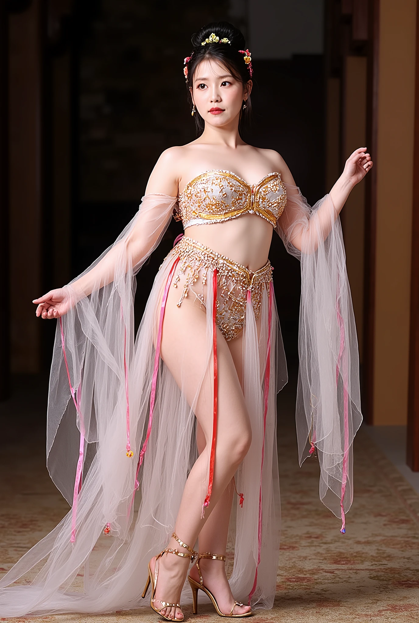 Ultra-realistic 8K CG, perfection, clean, masterpiece, Professional artwork, Famous works of art, Cinema Lighting, Cinematic Flowers, perfectionな顔, Beautiful Face, Fantasy, , Realistic , race, race trim, race-trimmed legwear, luxury, jewelry, diamond, Pearl, gem, sapphire, Ruby, Emerald, Intricate details, Delicate pattern, Charm, Fascinating, Fascinating, erotic, Fascinating, hair ornaments, neckrace, Earrings, bracelet, Bracelet,Hello, (((highest quality, masterpiece, Ultra-high resolution, (Realistic:1.4), RAW Photos, One girl, Skimpy,smile,Full Body Shot,