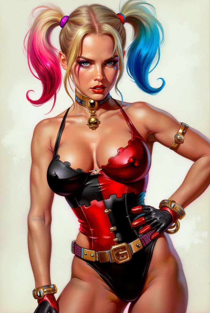 Steampunk style watercolor painting of Harley Quinn, a sassy girl holding a pin, aiming forward, mixed with splashes of color, sexy, seductive, charming, big breasts.