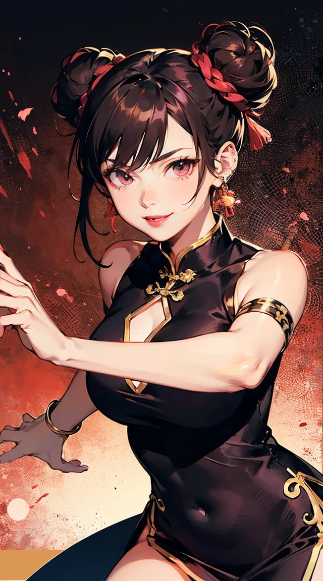 (masterpiecer, best quality, ultra-detailed), CinderFall, yellow eyes, short hair, black hair, hair over one eye, jewelry, earrings, black gloves, elbow gloves, scar, red dress, china dress, standing, looking at veiwer