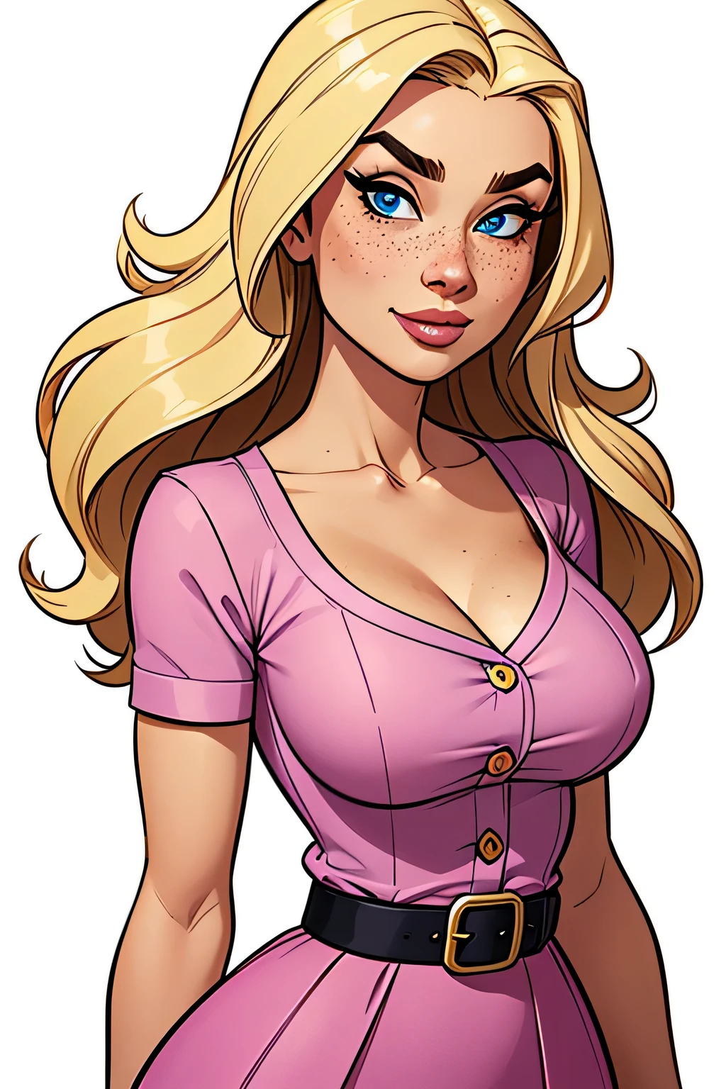 Thin woman, age 25, 4K (High definition), beautiful smiling, seducing gaze, greeneyes, wearing a pink dress with a V-neck and short sleeves, choker on the neck, black belt, Caucasian skin, long blonde hair, standing (upper body), full of curves with freckles across her chest and neck, natural round breasts. Marvel style high quality, white background.