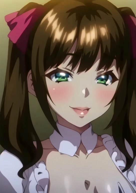 best quality, high resolution, cafe, from below, (huge breasts:1.2), Sakura-Chan, light brown hair, pink maid uniform, heart-shaped eyes, short skirt, twintails, blush, embarrassed, smile, upper body