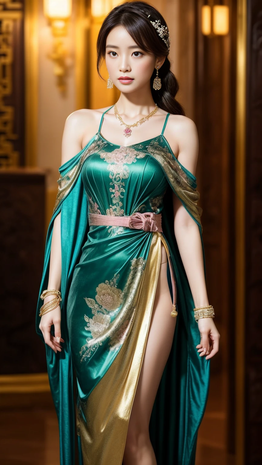 An artistic portrayal of an enchanting woman dressed in a flowing, silky traditional oriental gown, adorned with intricate patterns and vibrant colors. Her dress elegantly drapes around her curvaceous figure, emphasizing her alluring silhouette. She stands gracefully in a serene lunar night, bathed in the soft glow of the moonlight. The scene exudes an ethereal and dreamlike atmosphere, with a hint of mystery and sensuality. The image style embraces a blend of watercolor and digital illustration techniques, evoking a sense of delicate beauty and allure. Lighting is imbued with soft moon rays, casting gentle highlights and shadows on her captivating features.
