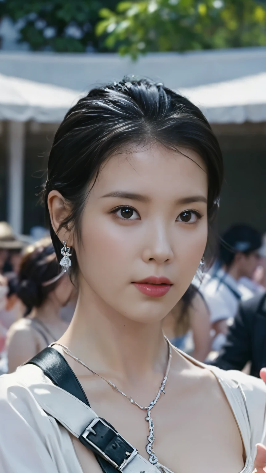 masterpiece, of the best quality, 8K, super detailed skin , Looking into the distance, Jealous, cute, 1 Girl, Short hair, The secret society of time travelers wearing boob , The secret society of time travelers,