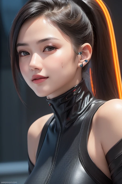 ((realistic)), ((best quality)), ((masterpiece)), (ultra details), 1girl, futuristic, cute face, k-pop idle IVE, short hair, curly hair, wearing パワードスーツ、mechanical, wearing futuristic clothing, posing in floor, shot from above, sleeping in floor, sleeping, science fiction, background cyber punk, background neon sign, steam punk, red nipples, yellow nipples, green nipples, (from side2),