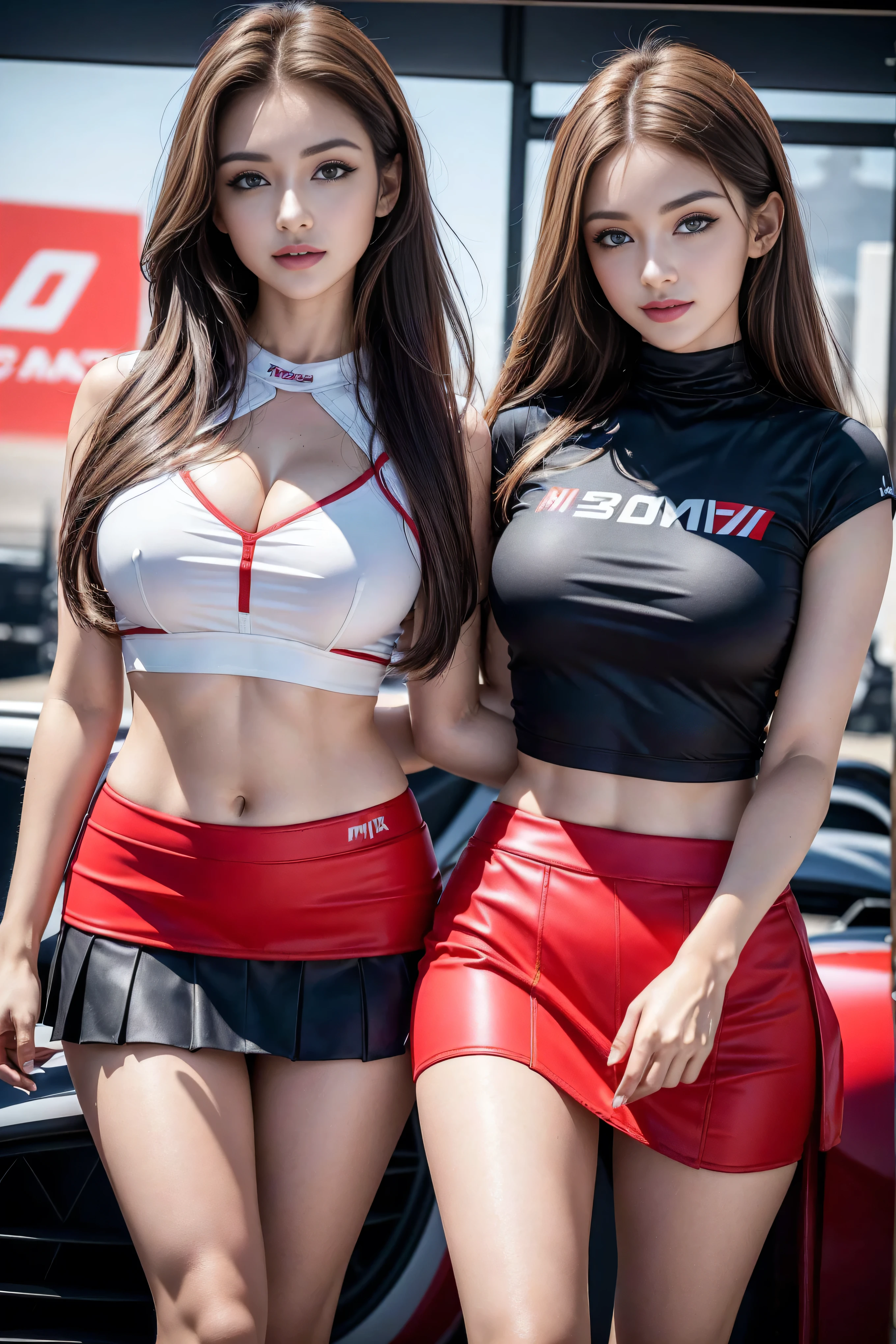 8k,RAW photos, best quality at best,( masterpiece), ( MotoGP Racing Girls), (Eyeliner:0.5),( blush:0.5), Brown hair, light smile , Refers to a beautiful and delicate girl, Extremely detailed face , beautiful and detailed blue eyes,Double eyelid long lashes , sexy and plump lips , ((MotoGP)), (MotoGP track background), ( best quality, high res, realism, original, 8K, masterpiece, ),((( dynamic pose))),(((Mid-abdomen peek))),(((Show under chest ))),(((Red Mini Skirt Lift))),(((Bare inner thighs))),(Long Legs:1.5),(Thigh gap:1.5),(Vest line,Muscular hands:1.2),(((Formula One car on display))), ( are brightly colored:1.2), (Beautiful)。