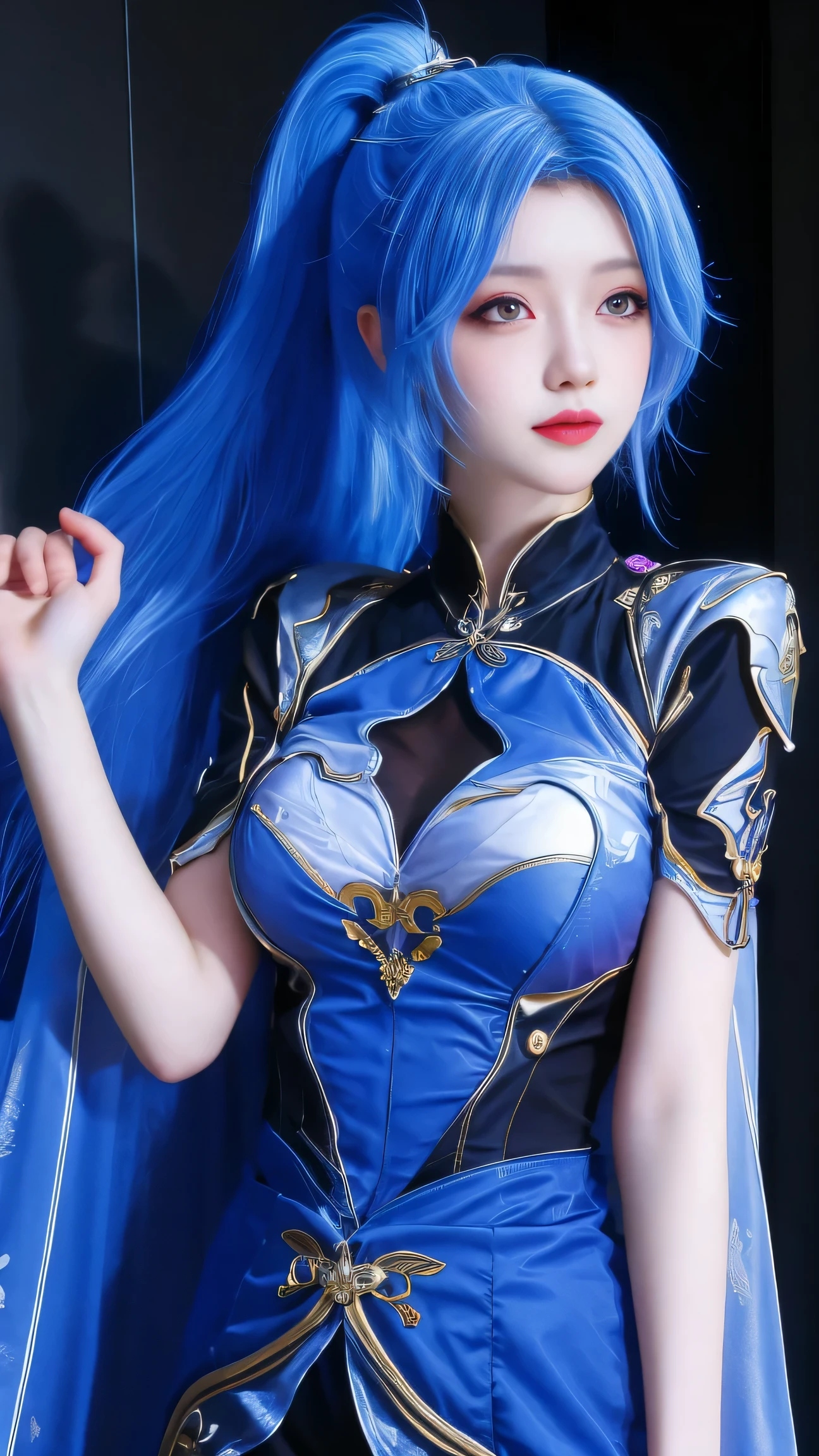(best quality), (masterpiece), (Ultra-high resolution), (Clear face), (Reality: 1.4), (perfect lighting),(photorealistic:1.30), anime wallpaper, Guviz style artwork , fantasy cover up to magic , by Yang J, Guviz, beautiful artwork illustration, beautiful digital artwork, beautiful digital illustration, Li Song, beautiful anime portrait, art style at Beauvot,illustration, ethereal and beautiful, highly detailed, CG, unity, 8k wallpaper, Amazing, fine detail, official art, highly detailed CG unity 8k wallpaper,absurd, extremely absurd, large file size, highly detailed , high resolution, very detailed,beautiful girl with details, very detailed eyes and face, beautiful detailed eyes,light on the face, Wang dong'er, blue hair, long hair, ponytail, hair ornament, blue dress, Long sleeve, Skirt, Short skirt l, Armor suit, standing, full body,
