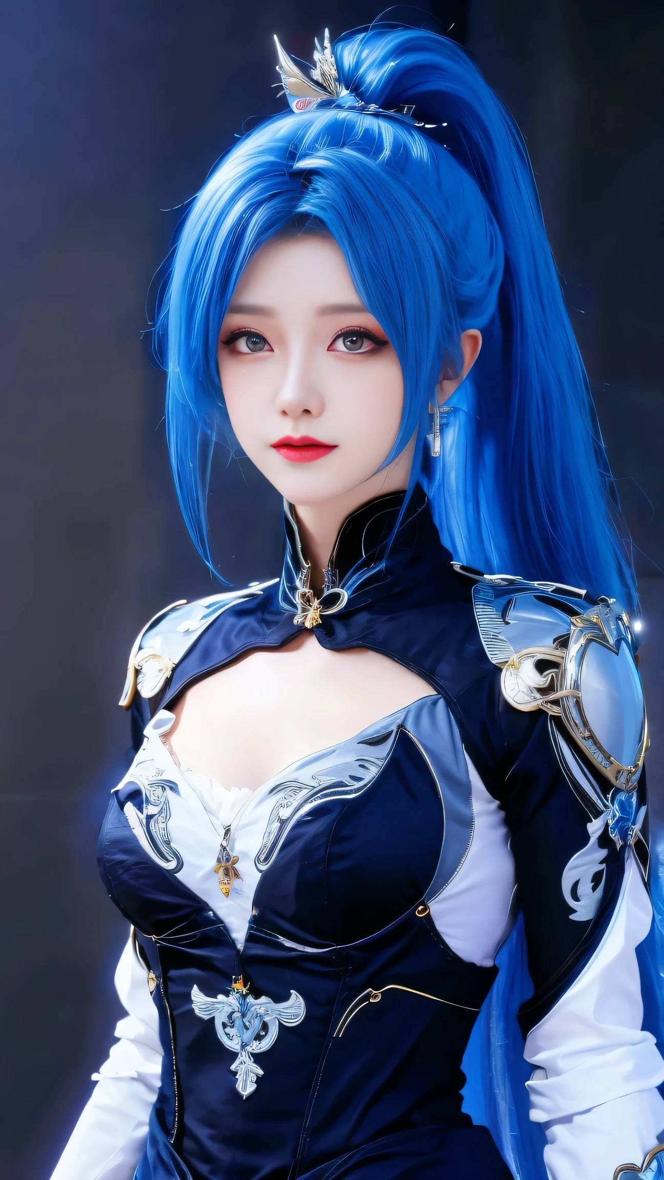 (best quality), (masterpiece), (Ultra-high resolution), (Clear face), (Reality: 1.4), (perfect lighting),(photorealistic:1.30), anime wallpaper, Guviz style artwork , fantasy cover up to magic , by Yang J, Guviz, beautiful artwork illustration, beautiful digital artwork, beautiful digital illustration, Li Song, beautiful anime portrait, art style at Beauvot,illustration, ethereal and beautiful, highly detailed, CG, unity, 8k wallpaper, Amazing, fine detail, official art, highly detailed CG unity 8k wallpaper,absurd, extremely absurd, large file size, highly detailed , high resolution, very detailed,beautiful girl with details, very detailed eyes and face, beautiful detailed eyes,light on the face, Wang dong'er, blue hair, long hair, ponytail, hair ornament, blue dress, Long sleeve, Skirt, Short skirt l, Armor suit, standing, full body,