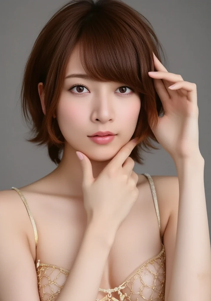 20th generation、japanese woman、cute、naked、shortcut、brown hair、eyebrows slider
