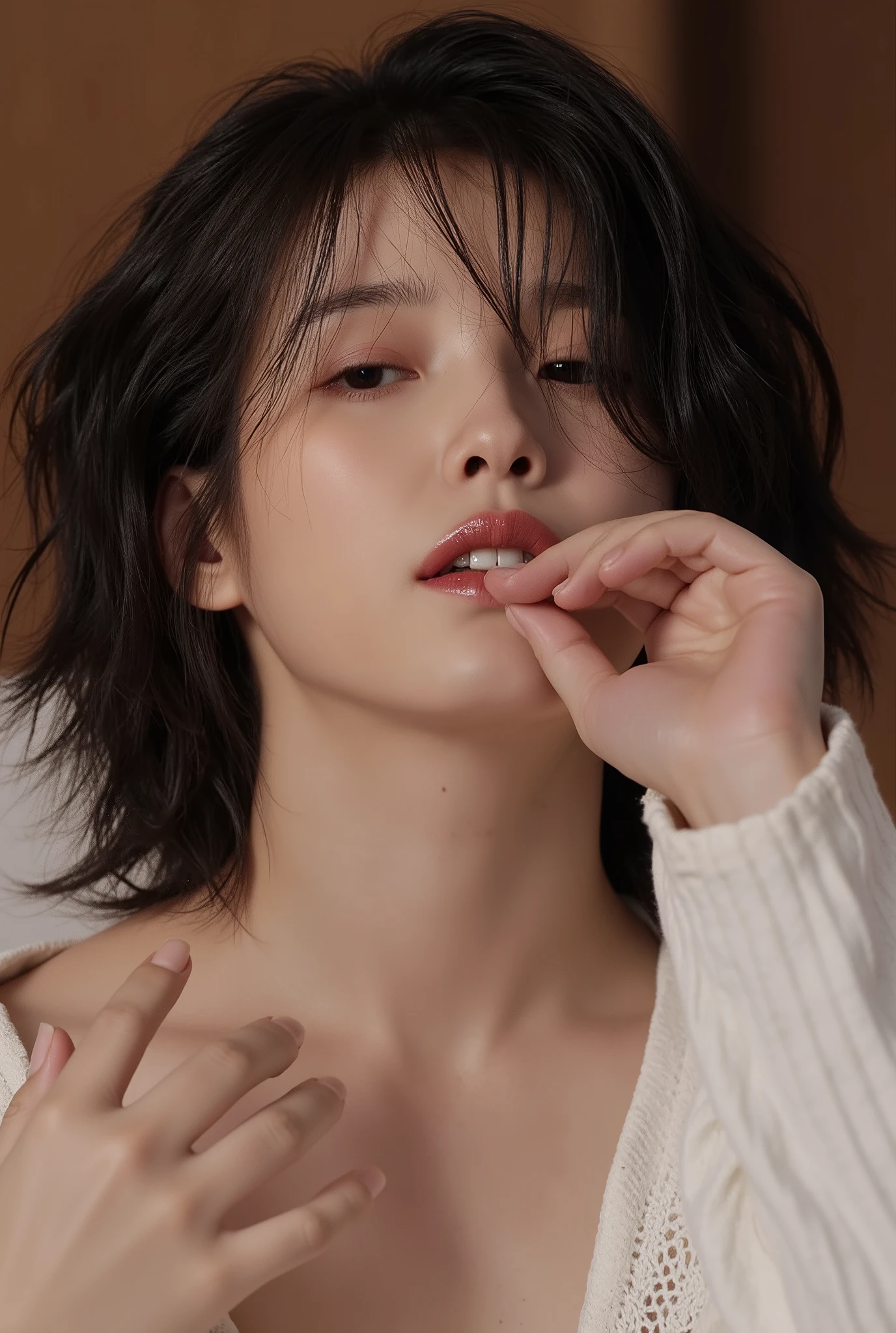 ((( real、live-action、reality、High image quality)))do, best quality , ( High Definition CG Unity 8K Wallpaper ), ( best quality ), edge orgasm 、 face focus 、 woman with her mouth open and eyes closed 、Korean women with an edge_face、30 years old、 black hair、 on the bed、((sweat) ),((Skin that shines with sweat))((The collarbone shining with sweat,Face that shines with sweat)),((Sweat-drenched skin))((The skin wet with sweat)),