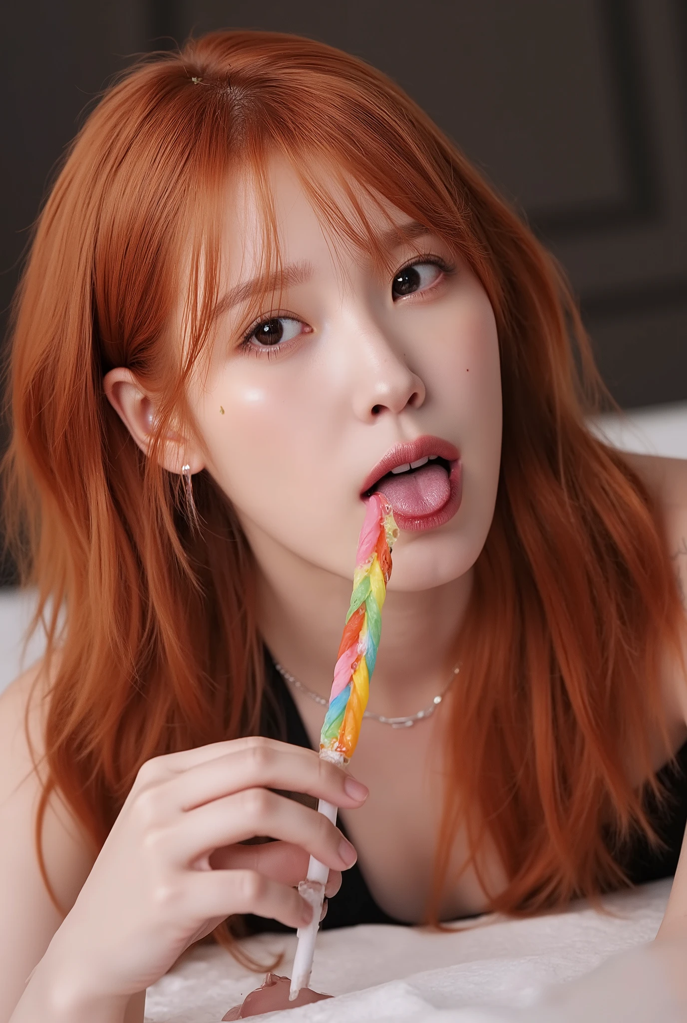 (full body shot:1) photorealistic image of a (laying pose:1) woman, ultrarealistic, photography, long red hair, woman, 24 years old, hourglass figure, perfect body, Flirty look, natural medium breasts, blur background, her wet tongue licking a thick and long rainbow-coloured spiral lollipop, a little bit of saliva is dripping from her tongue, seductive look, long eyelashes, cat-eye make-up