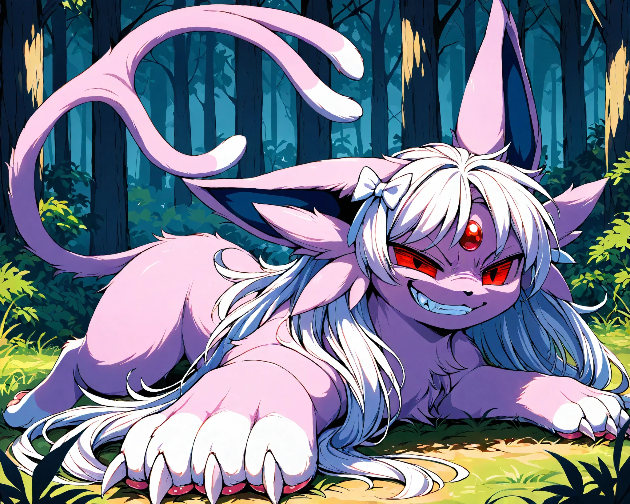 espeon, dark blue fur, small white bow in hair, white paws, big paws, big claws, big tail, red eyes, eyes squinting, crazy smirk, teeth, cute long hair, cute pawpads, feral, solo, forest, in front view