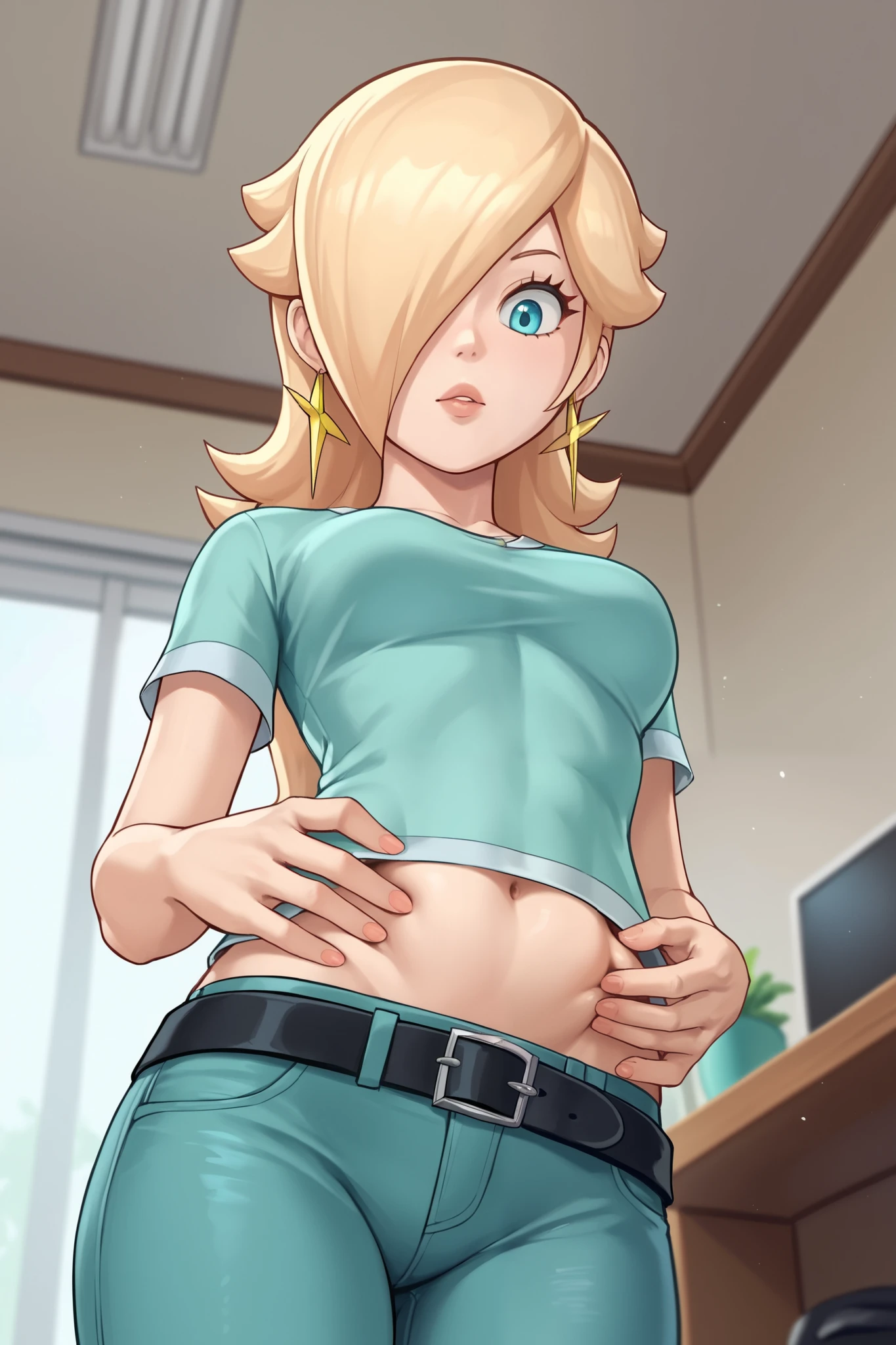 score_9, score_8_up, score_7_up, source_anime, rosalina, blonde hair, blue eyes, hair over one eye, long hair, star earrings, solo, cowboy shot, black t-shirt, taut clothes, tight shirt, midriff, navel, jeans, black belt, looking down, belly grab, , from below, indoors
