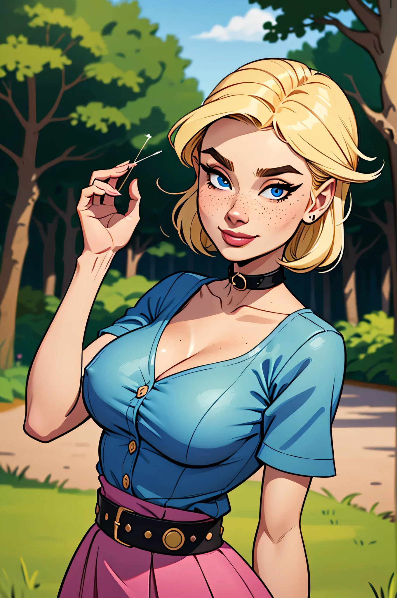 (  absurd, HD , ultra detailed,  be careful with your hand )  Close up of a thin and athletic woman, 25 years, 8k ((  high definition  )),  mysterious smile closer to , seductive look,  blue eyes, nose fine, PINK DRESS SHIRT (( V-neck, with buttons,  short sleeves  )),  discreet skirt with belt,  thin waist, mid hip,  arms positioned on the sides of the body,  white skin ,  blonde hair (( long and straight )), Walking around the environment ((  upper body  )),  collar with freckles on the neck and breasts, ((  big round breasts  )). Marvel style (( HQ )),  forest in the background .