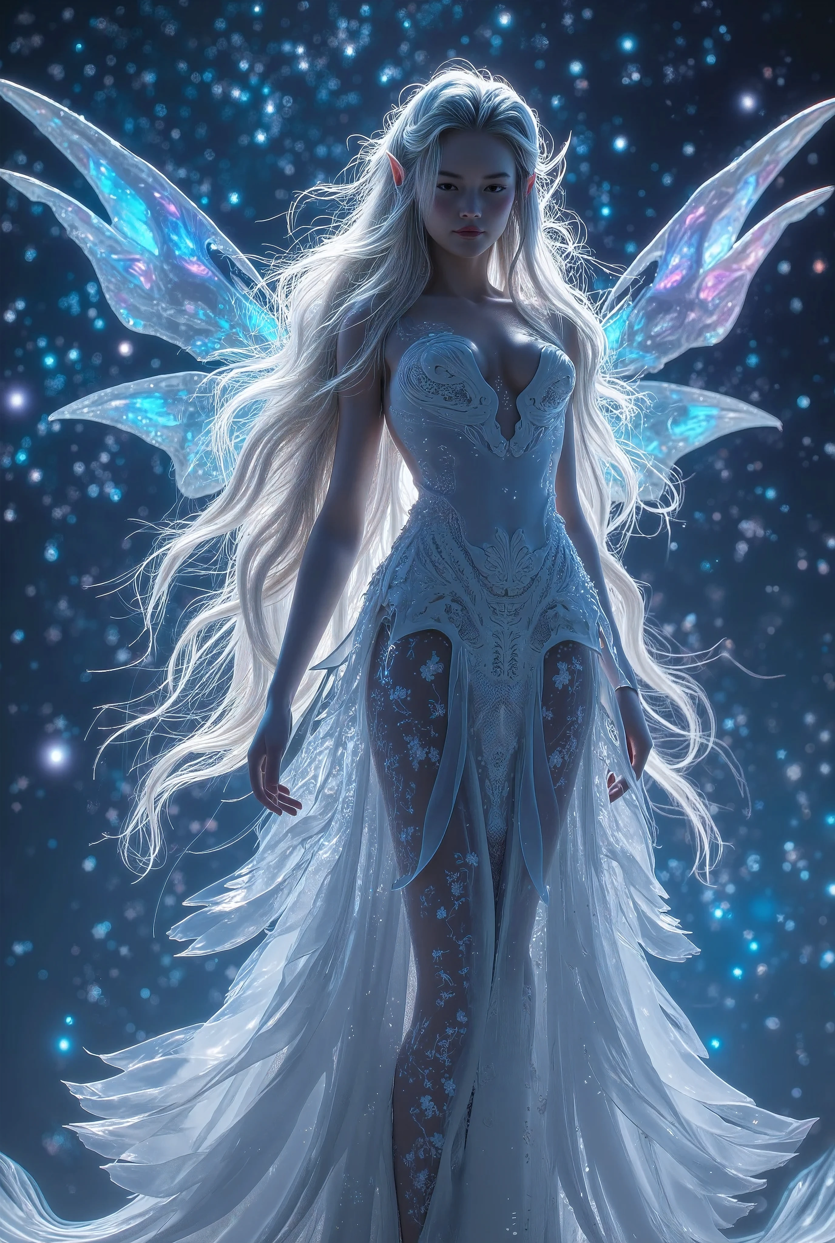 A most beautifull elf peri, extra long hair, hyper white skin peri, huge wings, blue light, light focus on peri, billion colors stars at the sky