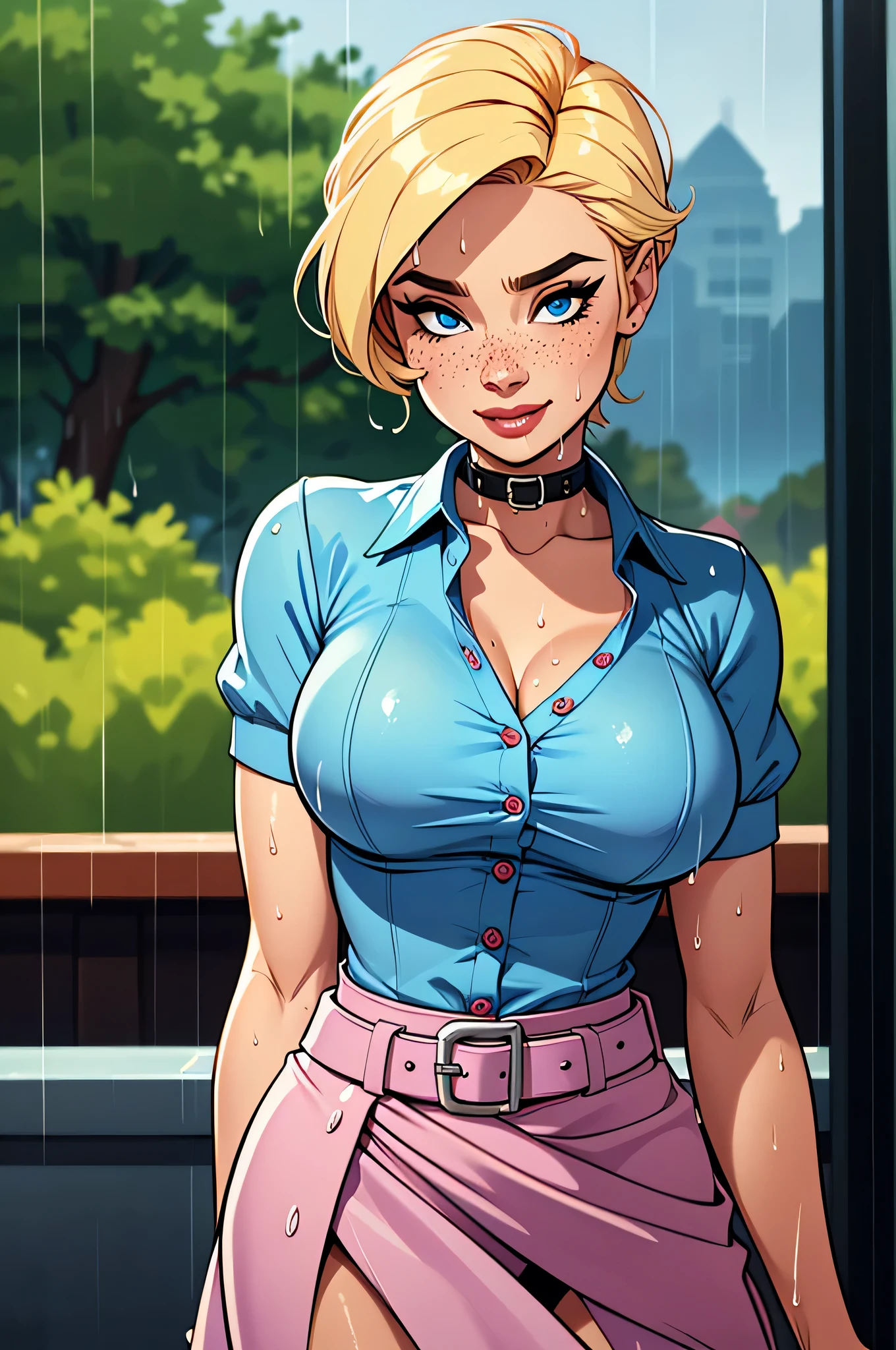 ( absurd, HD , ultra detailed, be careful with your hand ) Close up of a thin and athletic woman, 25 years, 8k (( high definition )), beautiful smile, seductive look, blue eyes, nose fine, PINK DRESSED SHIRT (( low-cut v, with buttons, short sleeves )), discreet skirt with belt, thin waist, mid hip, your two arms are positioned on the sides of your body, white skin , blond hair (( long and straight )), walking around the room (( upper body )), collar with freckles on the neck and breasts , (( big round breasts , Wet in the rain )). Marvel style (( HQ )), forest in the background .