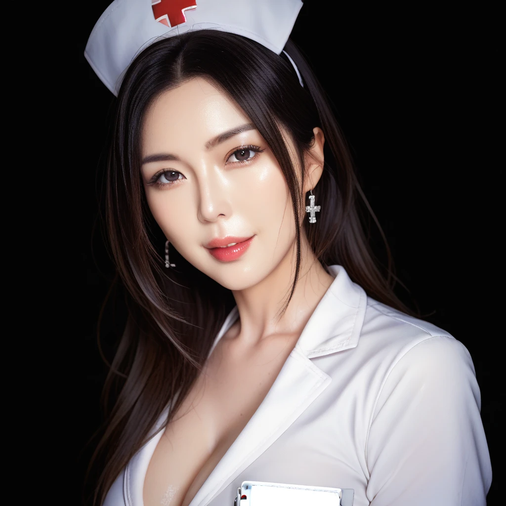 score_9, score_8_up, score_7_up, score_6_up, score_5_up, score_4_up, (cowboy shot: 1.5), young, very beautiful woman in a white, sexy, tight, nurse uniform, (in front of a dark_old_detailed brick dungeon background:1.4), flashy makeup, , dominatrix style, highly detailed facial features, detailed thick lips, seductive facial expression, detailed skin reflecting light, ideal figure, detailed navel, nurse cap, dynamic and seductive pose, holding a huge syringe, realistic, 8K, ultra-detailed, cinematic lighting, dramatic shadows, cold tones, portrait photo, woman