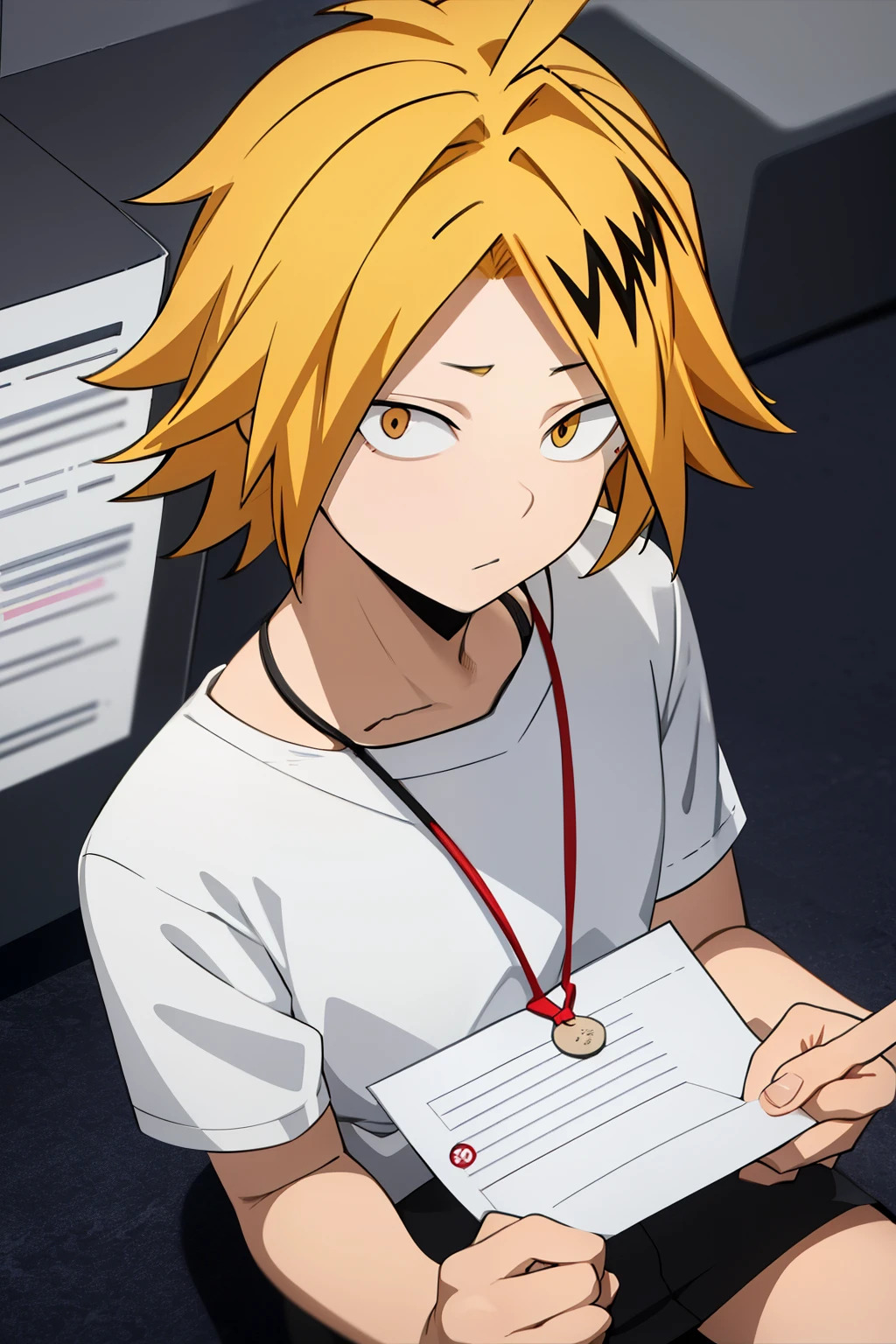 masterpiece , envelopes , anatomy, 1 , Alone, man approaches , looking at the lunar spectator , upper body , Kaminari_Thank you, blonde hair, multicolor _hair, shy, shy look , sitting on the floor