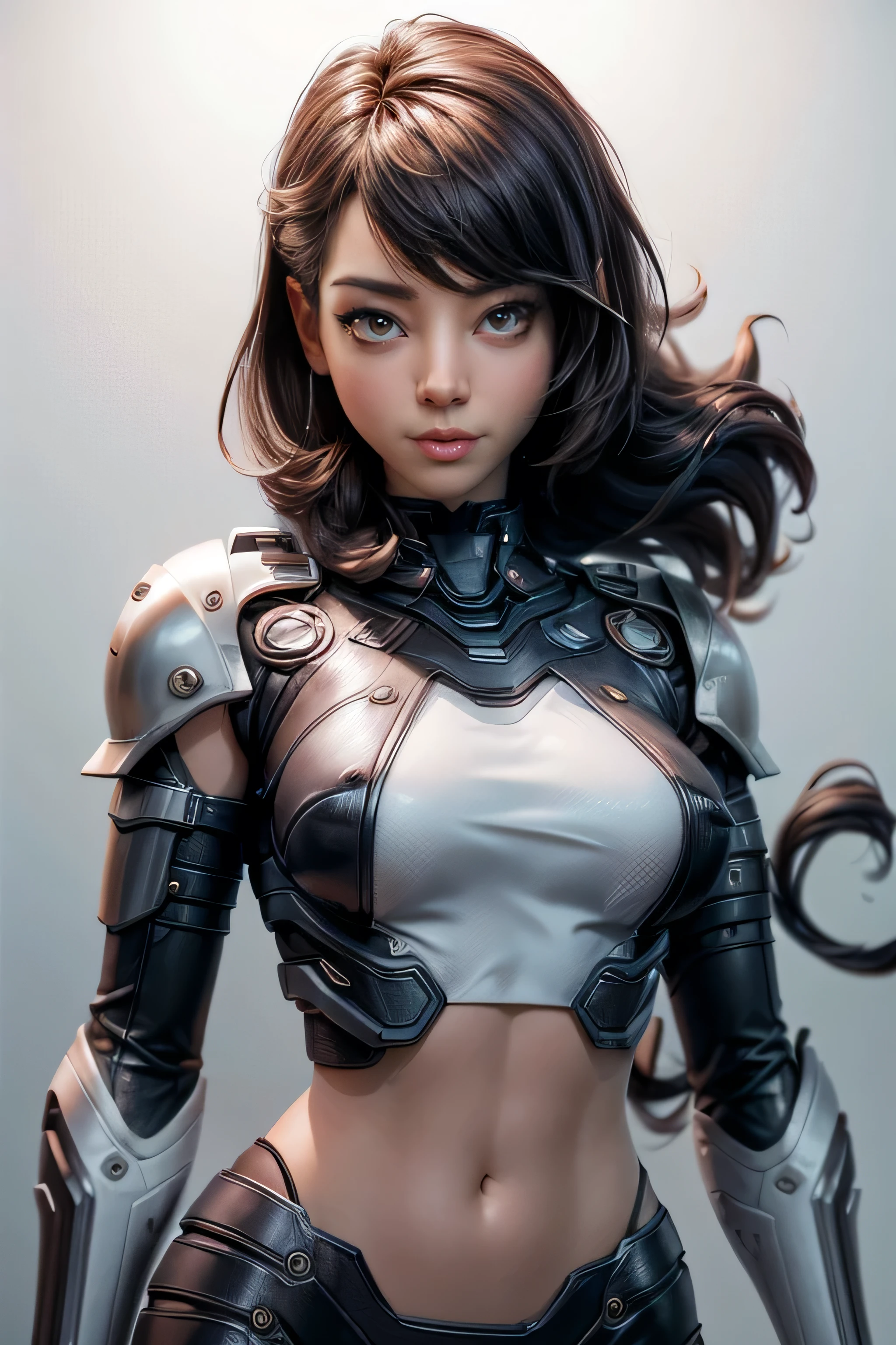 Young cyborg woman ,  cybernetic armor technology,  with a bare belly , for the wavy cut,  expression of happiness ,  top quality,  masterpiece , super detail,  lyrics,  natural lighting ,  plain white background , without patterns, No textures. 